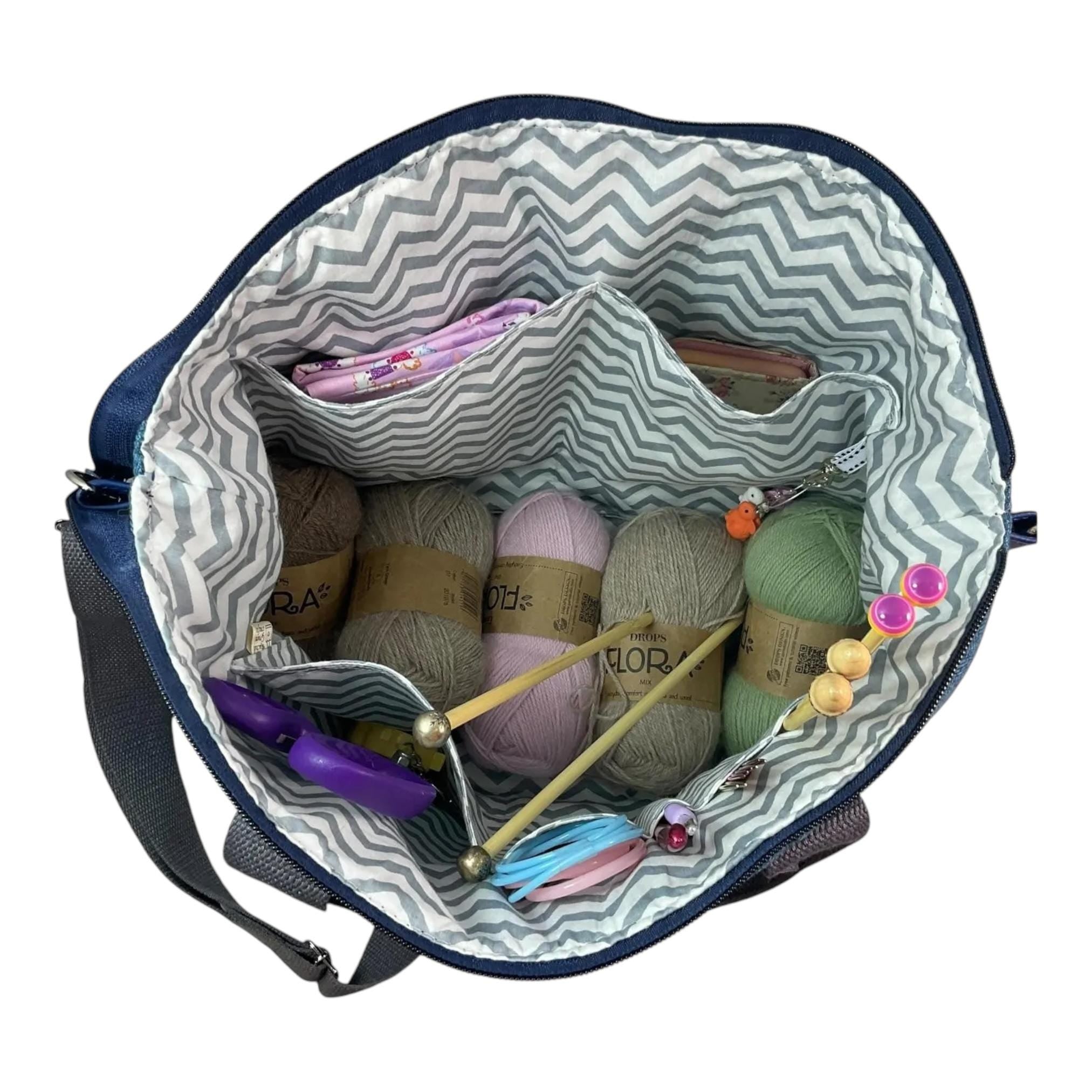Knitting and crochet tote bag with zip top, large sheep organiser crossbody bag