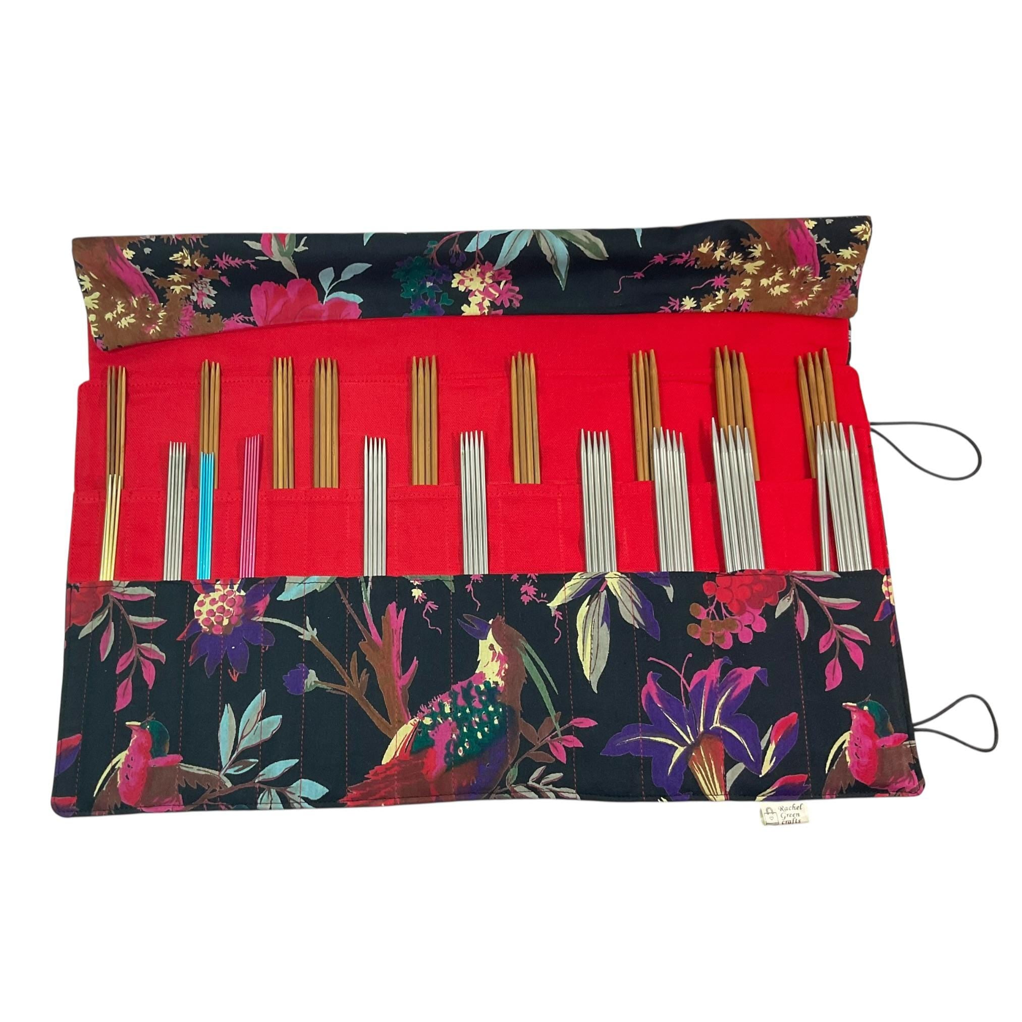 Double pointed floral and bird knitting needle case, straight needle case, sock needle pouch, knitters gift