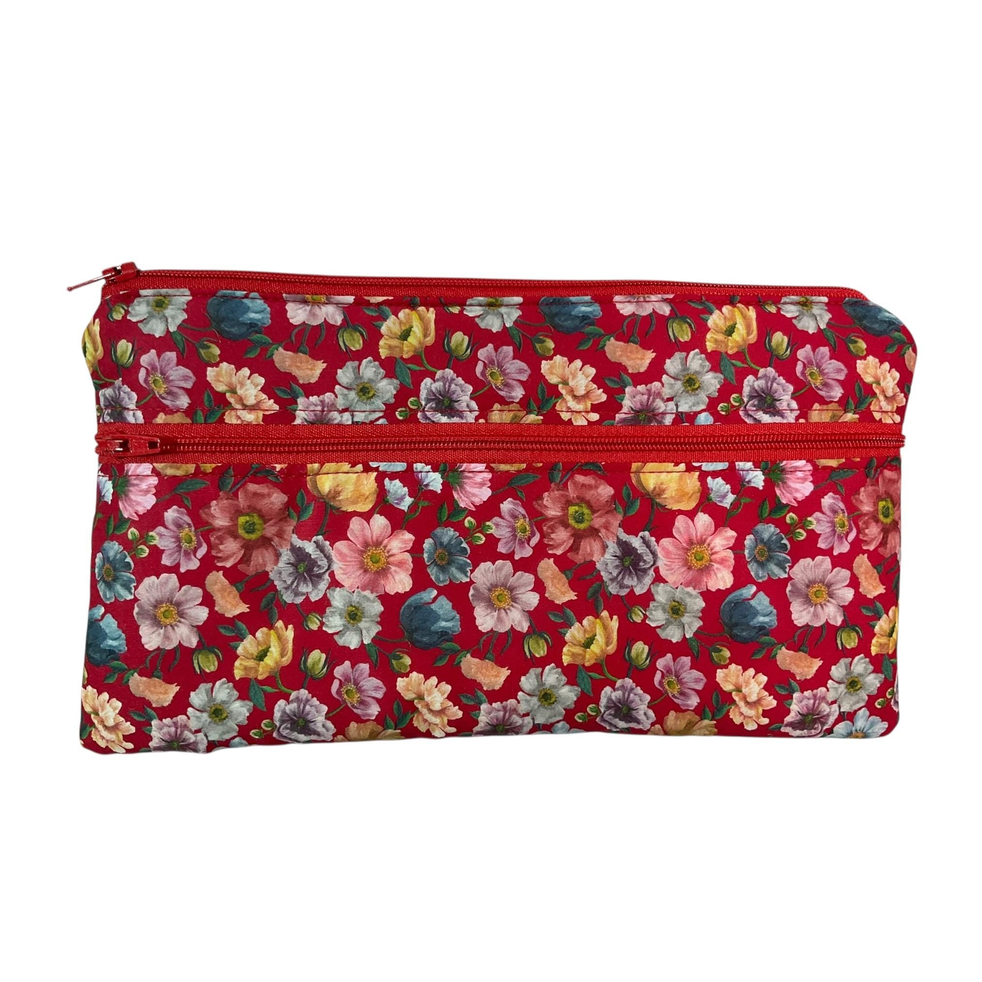 Liberty fabric two pocket pouch, double pocket cosmetics case, 2 section pencil storage, floral water resistant ladies gift, privacy