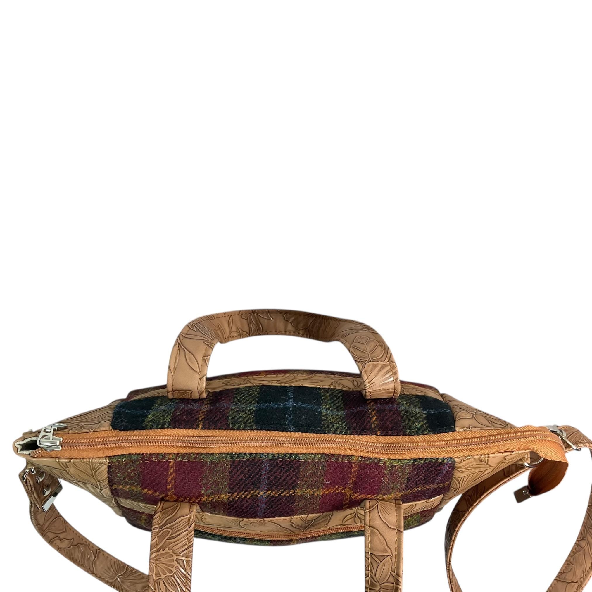 Harris tweed Crossbody Handbag, floral faux leather tote, caramel brown shoulder bag,  zip pocket large adjustable strap organiser bag