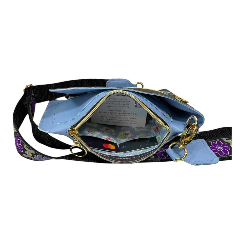 Vegan phone shoulder bag made of faux leather with multi pockets, phone size embroidered messenger style sling crossbody pouch, ladies gift