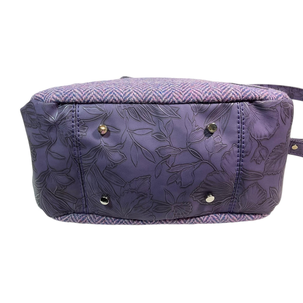 Harris tweed Crossbody Handbag, floral faux leather tote, purple  shoulder bag,  zip pocket large adjustable strap organiser bag