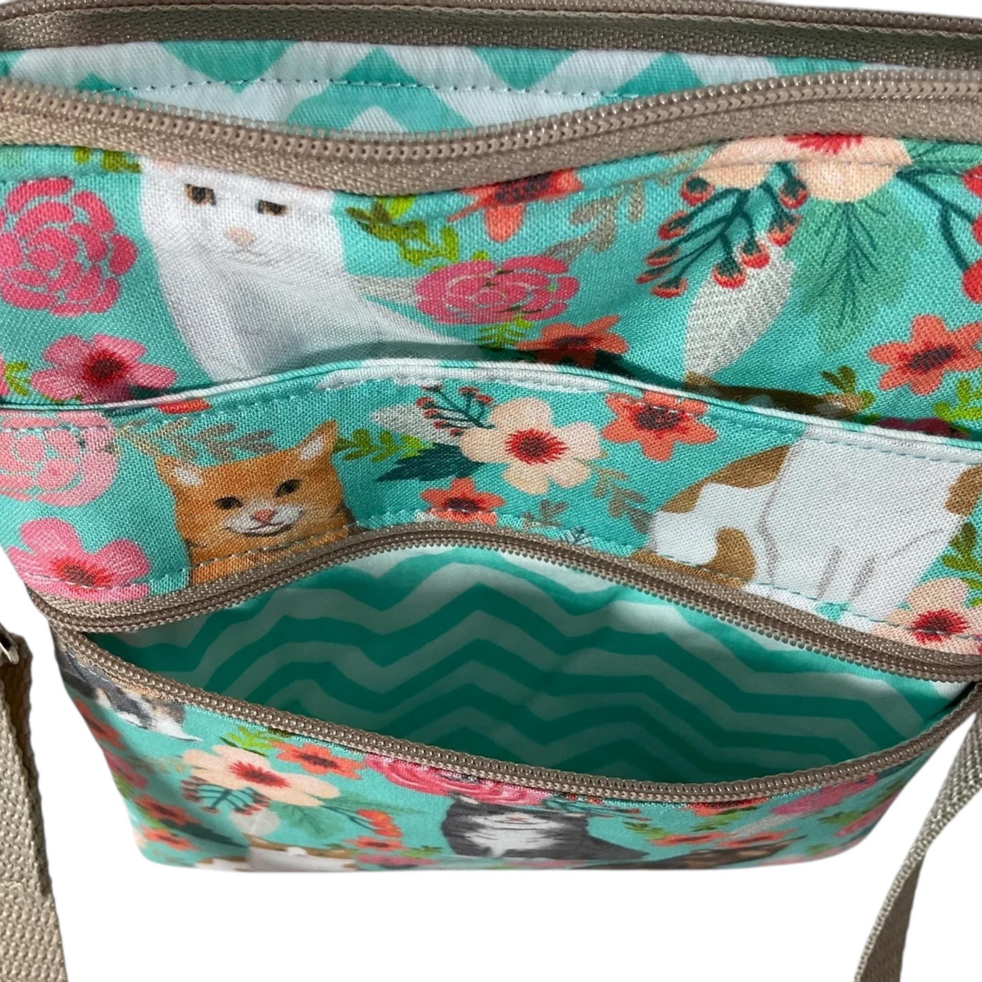 Slim phone shoulder bag with multi pockets and cat print, teen messenger phone pouch, mini clutch bag, clubbing festival bag, cat lover gift