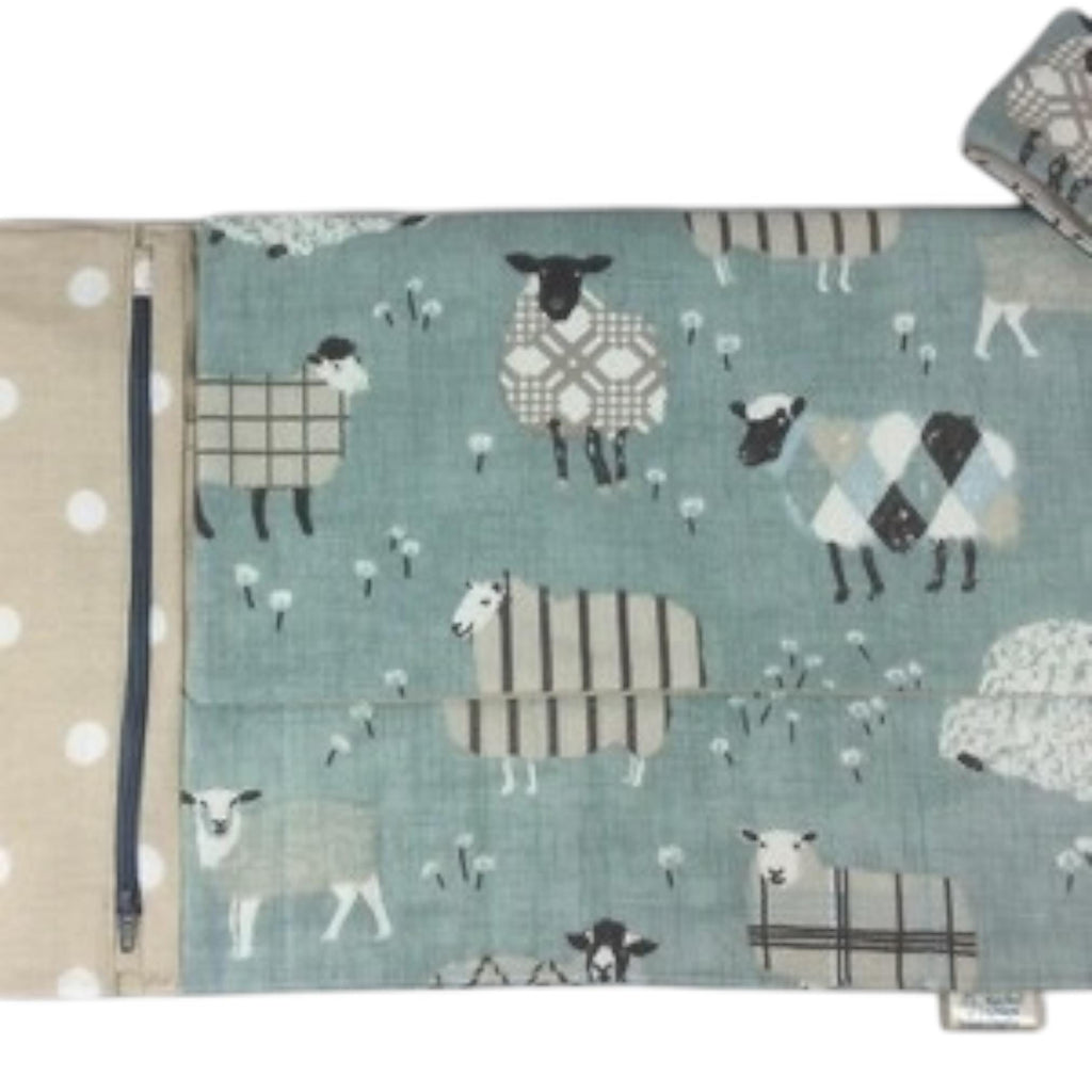interchangeable and double pointed needle case with turquoise sheep, knitting needle pouch, hiya hiya case, knit pro wallet