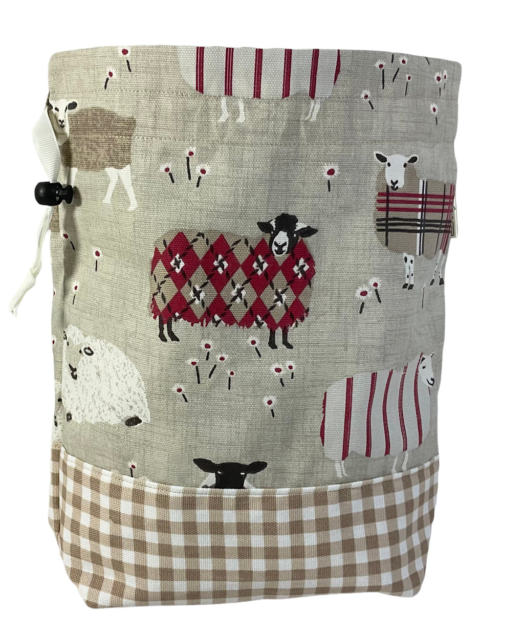 Two at a time knitting bag with tartan/plaid sheep, blue sock sack, drawstring divided, shoe, toiletries pouch, work in progress, WIP