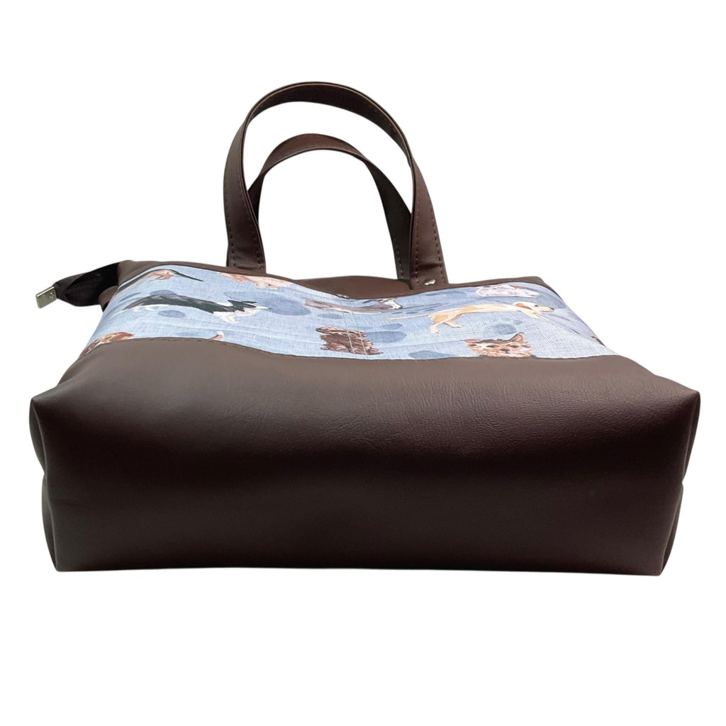 Handbag in faux Leather and dog breeds print  fabric, medium tote style zip top shoulder crossbody with carry handles