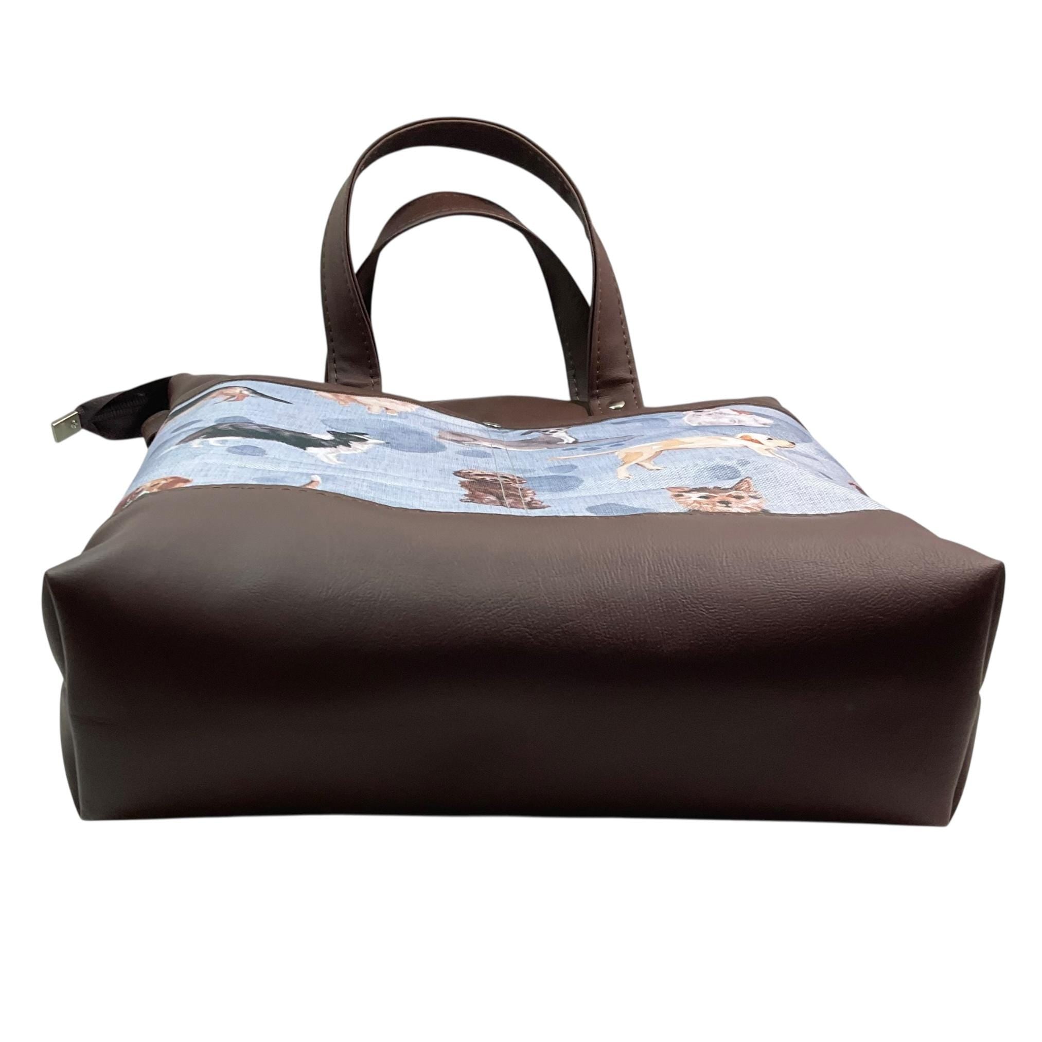 Handbag in faux Leather and dog breeds print  fabric, medium tote style zip top shoulder crossbody with carry handles