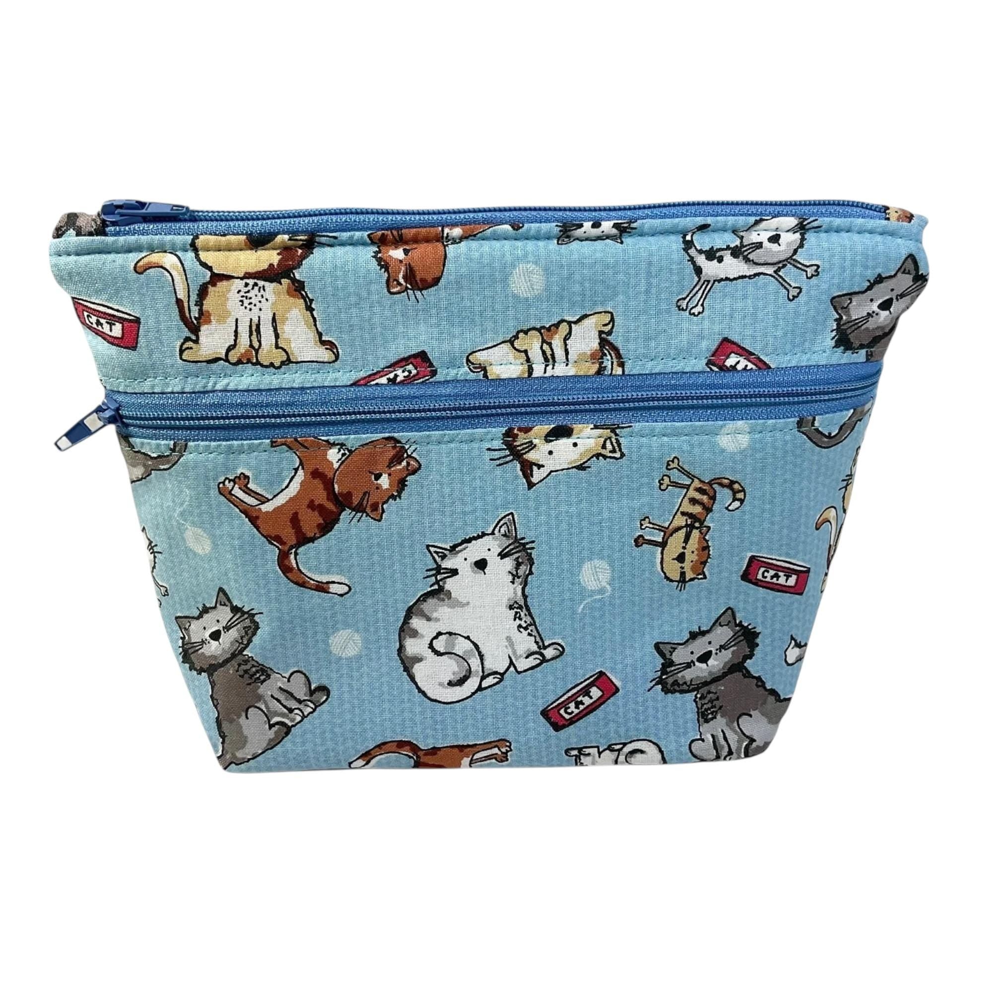Cosmetics bag with cat print and 2 pockets,  makeup pouch, water resistant case, notions zipper pouch, cat lover gift