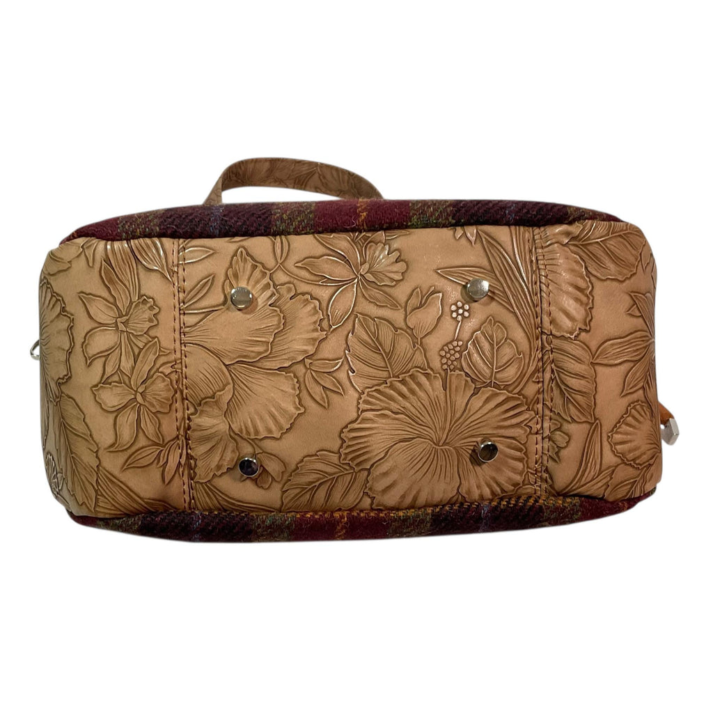 Harris tweed Crossbody Handbag, floral faux leather tote, caramel brown shoulder bag,  zip pocket large adjustable strap organiser bag