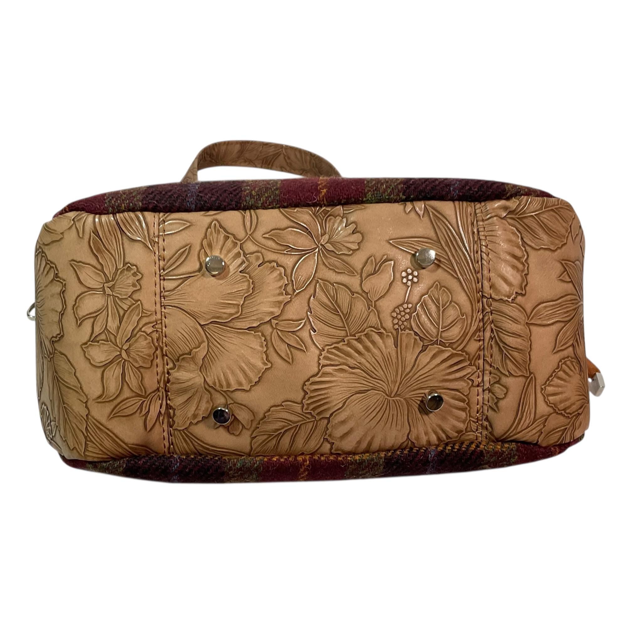 Harris tweed Crossbody Handbag, floral faux leather tote, caramel brown shoulder bag,  zip pocket large adjustable strap organiser bag