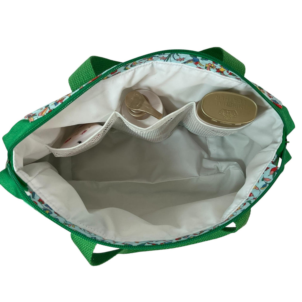 large toiletries bag made from  Liberty fabric, with handles and pockets in and outside, bird Waterproof lined wash pouch, ladies gift