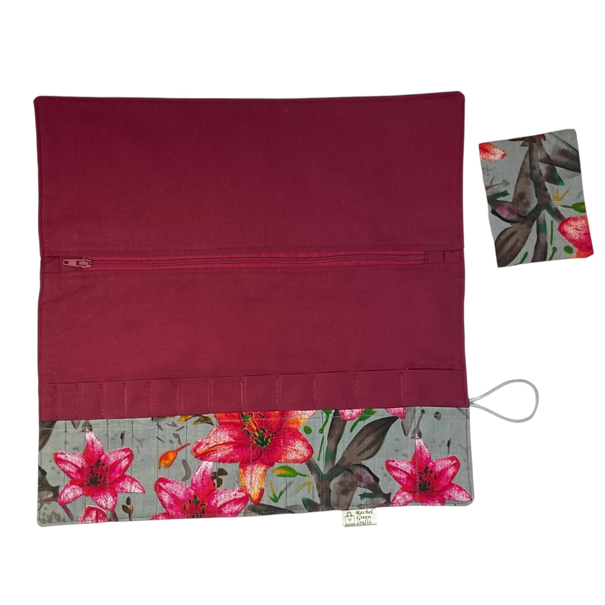 Interchangeable knitting needle case with flowers , floral addi case, chiagoo wallet, knit pro organiser pouch, hiya hiya case,