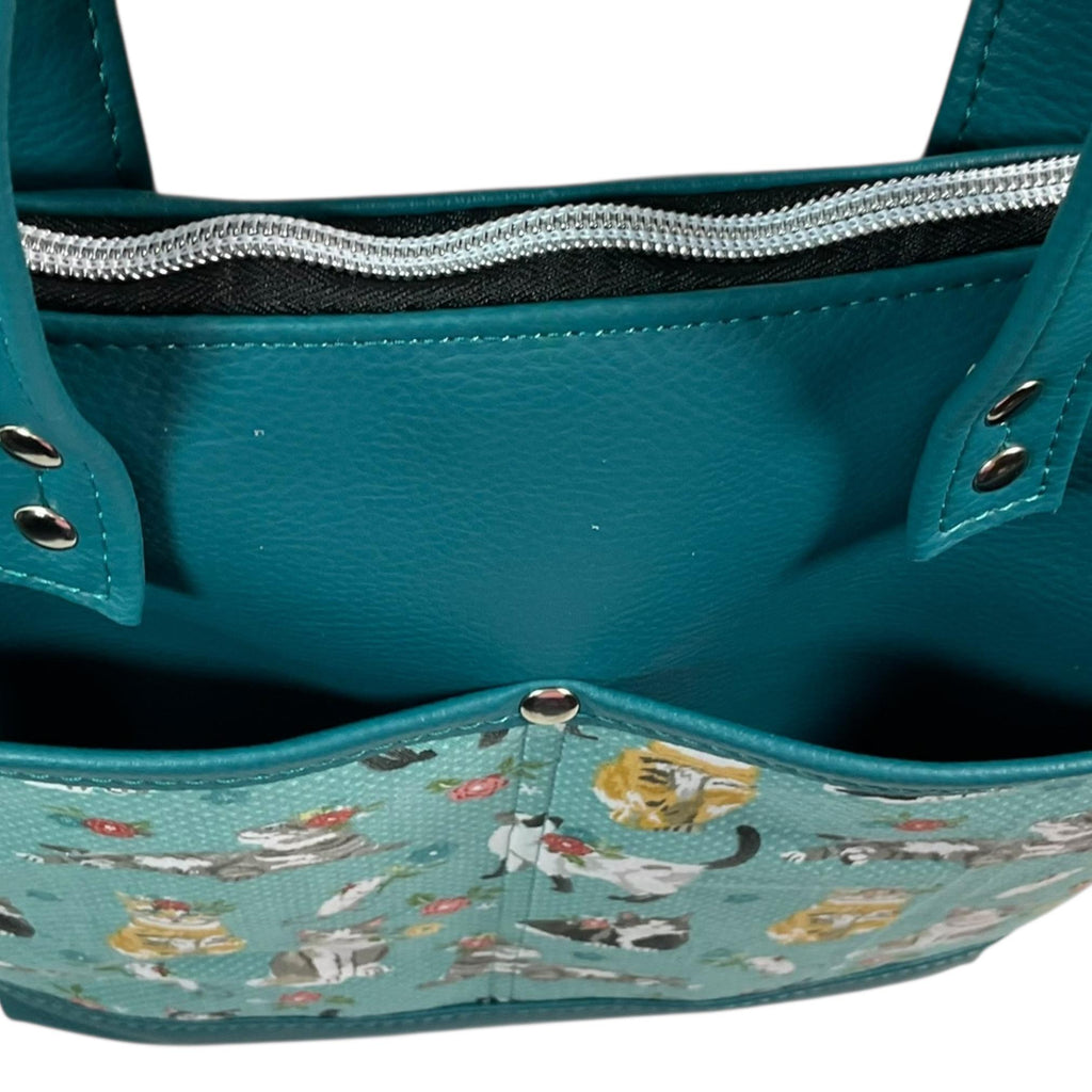 Handbag in faux Leather and cat breeds print  fabric, medium tote style zip top shoulder crossbody with carry handles