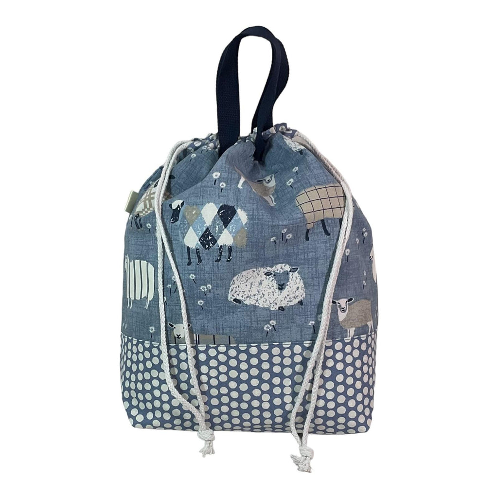 Extra Large drawstring knitting bag with blue sheep print, multi pockets project bag with handles