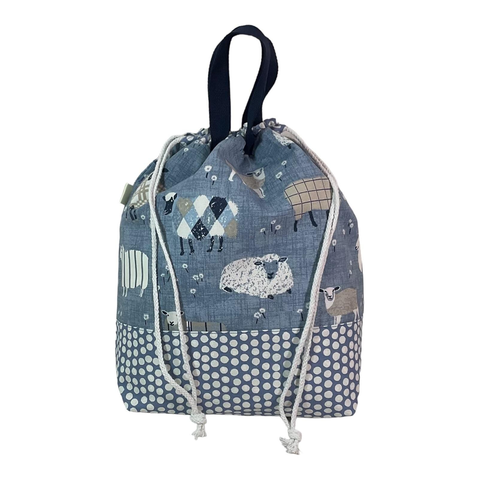 Extra Large drawstring knitting bag with blue sheep print, multi pockets project bag with handles