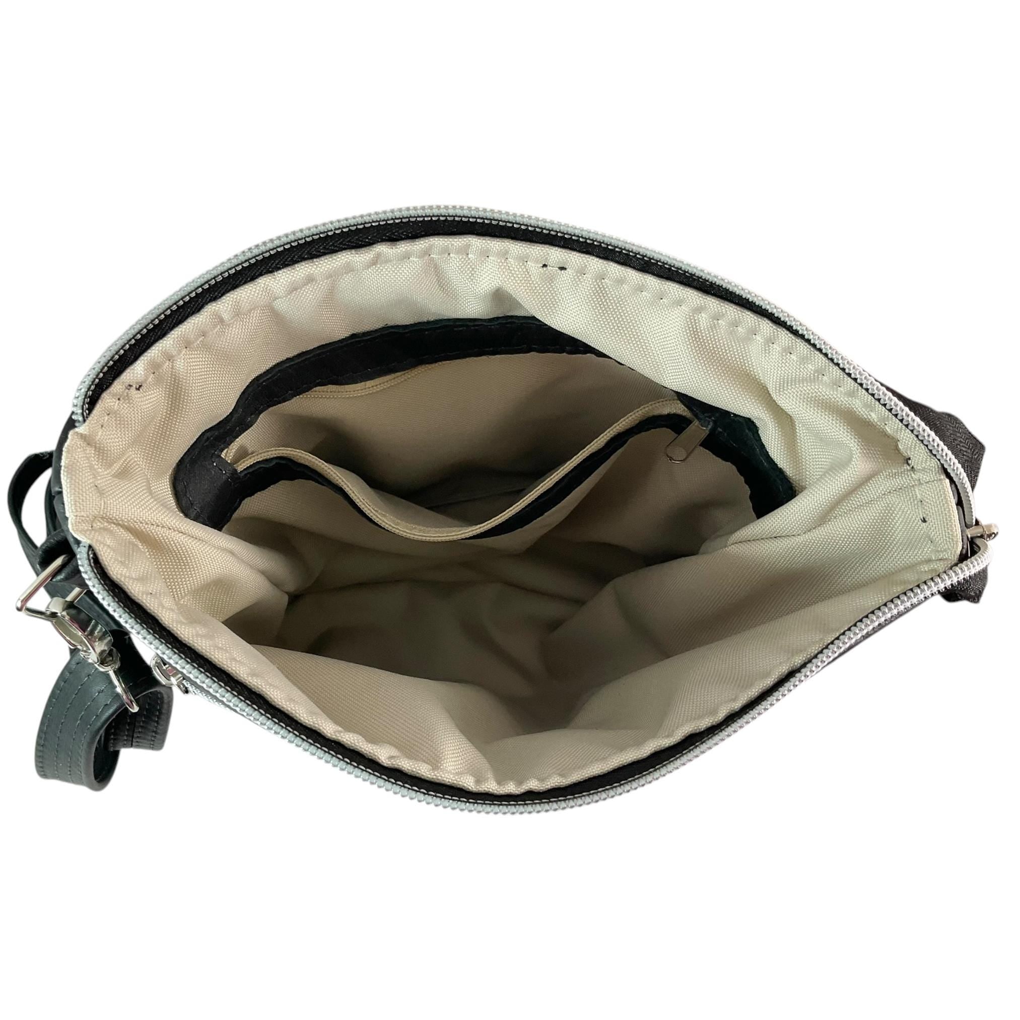 Leather Crossbody Bag: Green Cat Print Canvas, Handmade