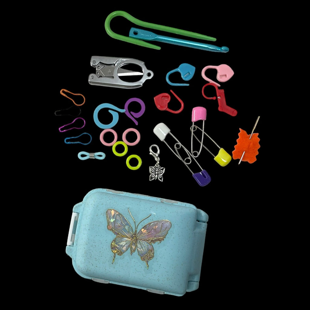Knitting notions and accessories box filled with tools, butterfly,  sheep or cat motif, stitch marker 8 compartment organiser for crochet