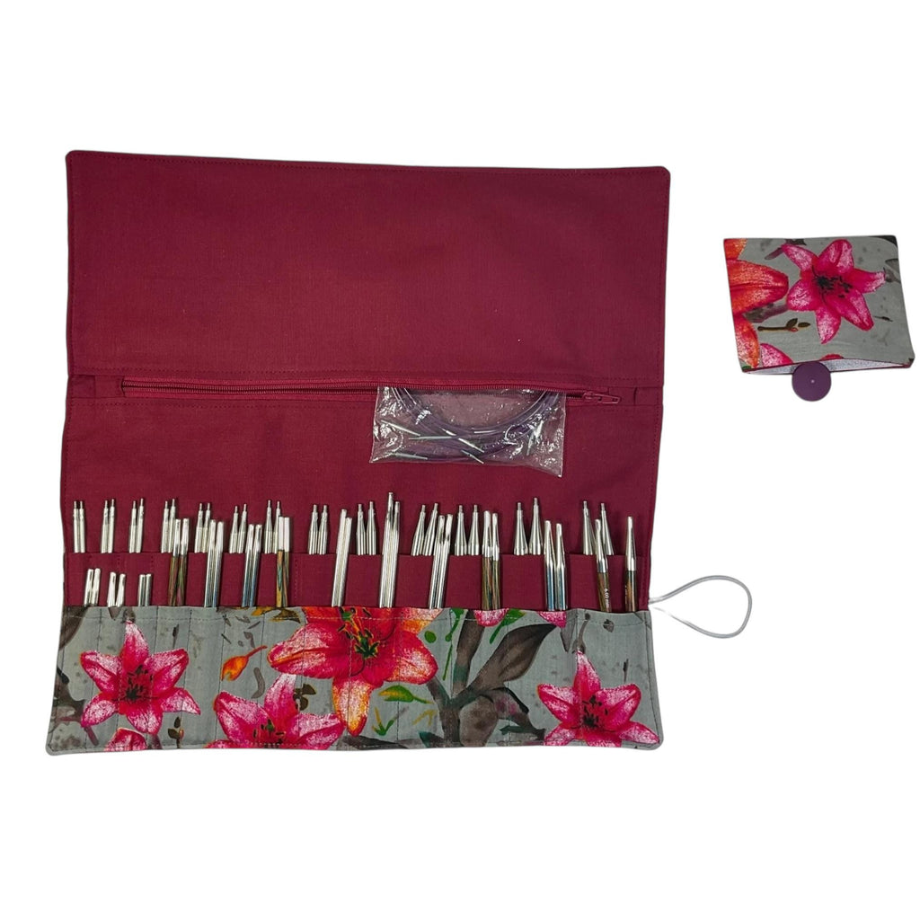 Interchangeable knitting needle case with flowers , floral addi case, chiagoo wallet, knit pro organiser pouch, hiya hiya case,