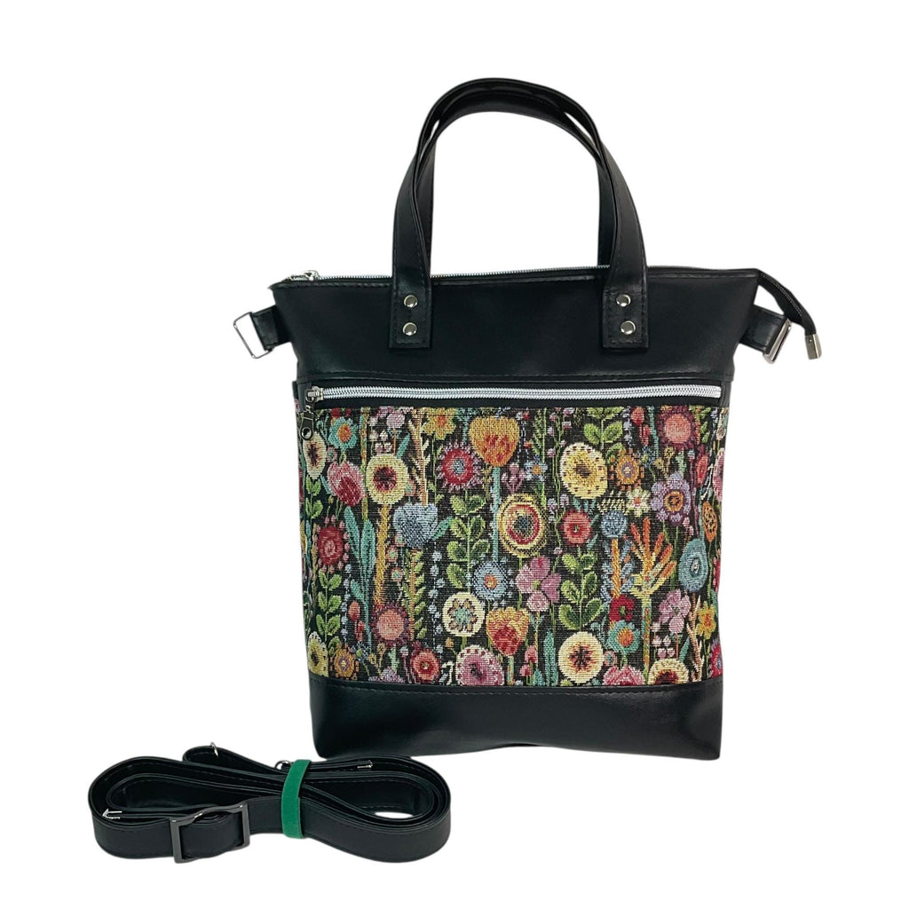 Handbag in faux Leather and floral tapestry fabric, medium tote style zip top shoulder crossbody with carry handles
