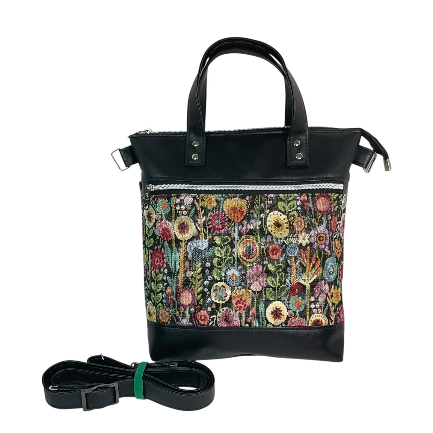 Handbag in faux Leather and floral tapestry fabric