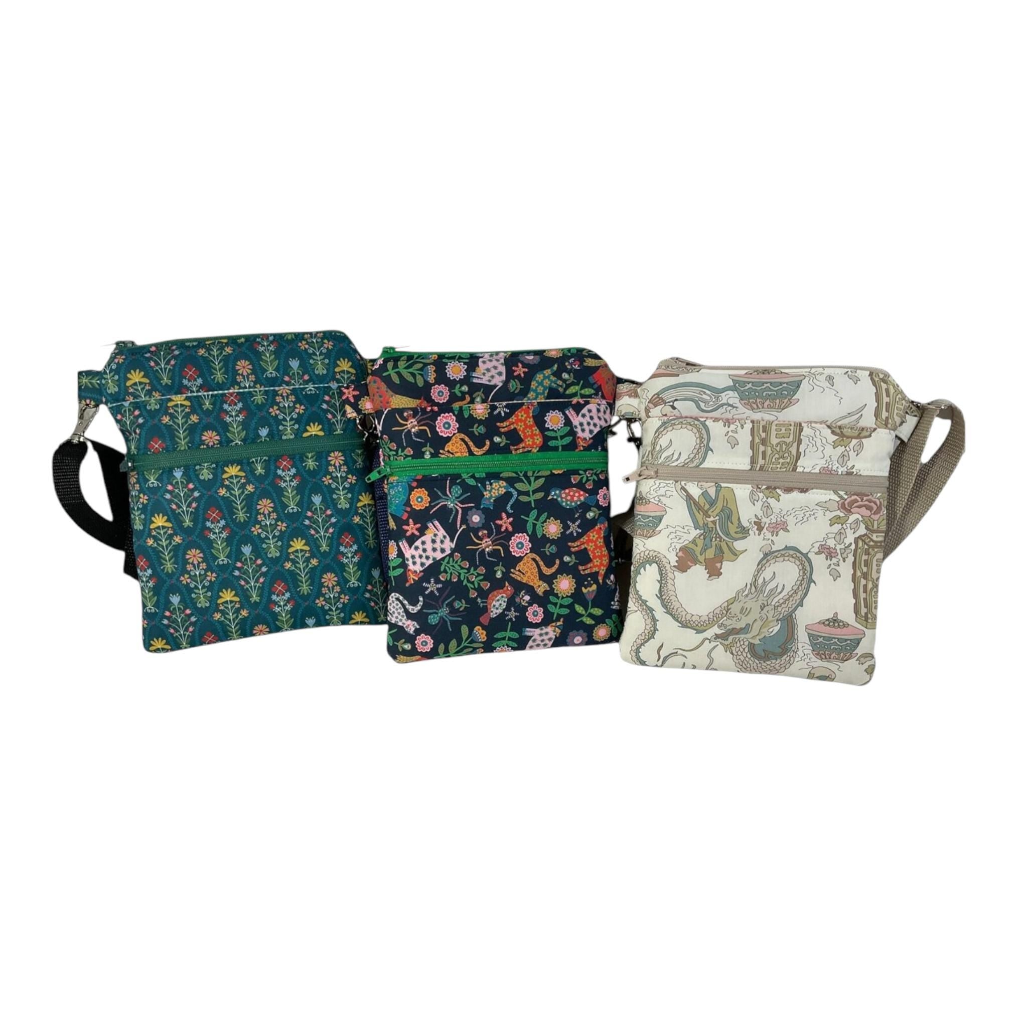 Liberty fabric slim phone shoulder bag with multi pockets, teen messenger style floral phone pouch, mini clutch bag, clubbing festival bag,