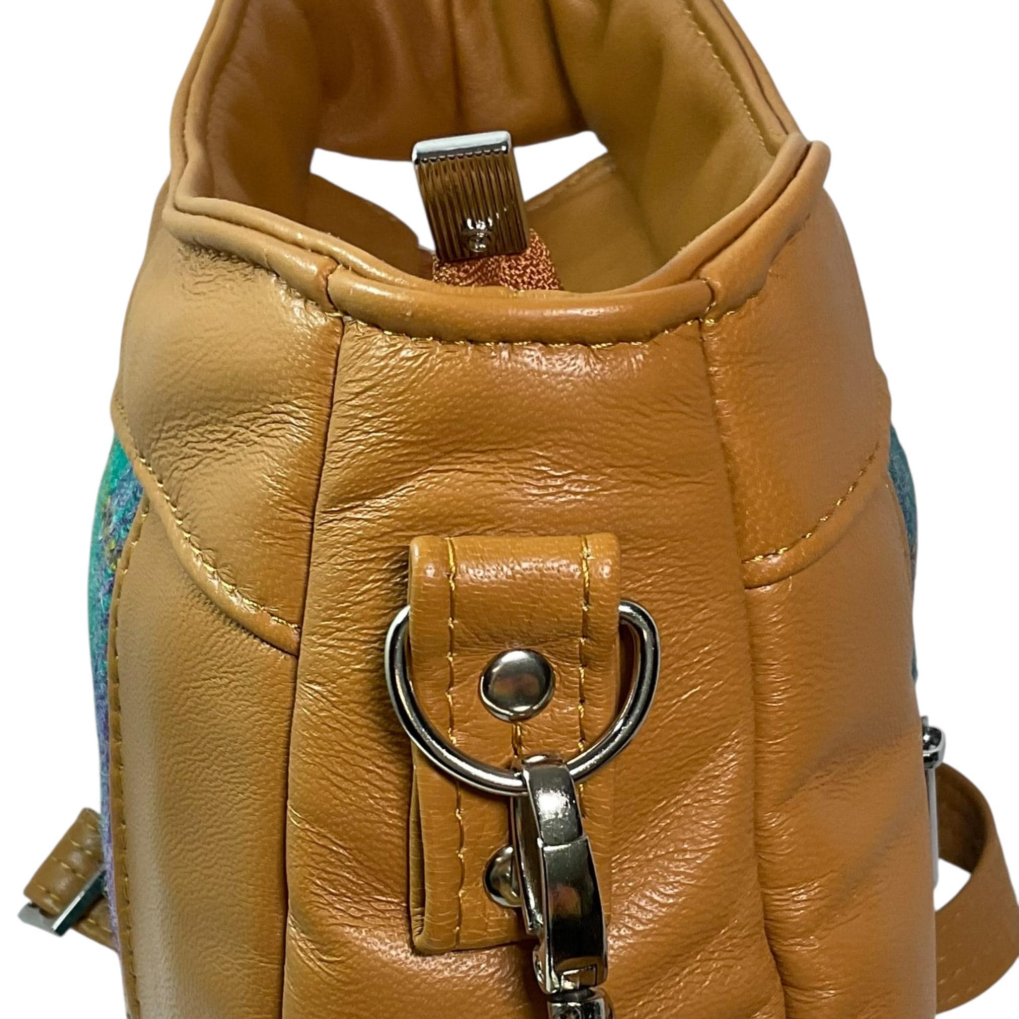 Handbag in genuine leather and Harris tweed tartan print pure wool, green and purple check medium sized zip top shoulder bag