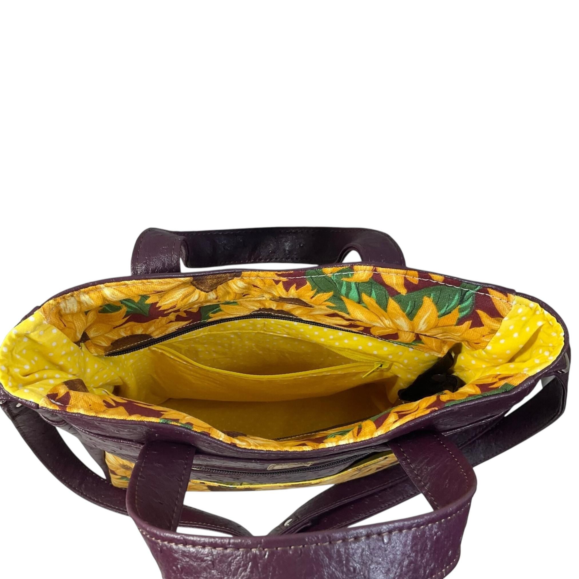 Handbag in faux leather and Sunflower floral print, vegan ladies gift, handles and crossbody strap bag, rectangular shoulder zip pouch,