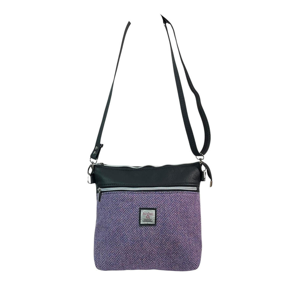 Handbag in genuine leather and Harris tweed tartan print pure wool,  blue and lilac herringbone medium sized zip top shoulder bag