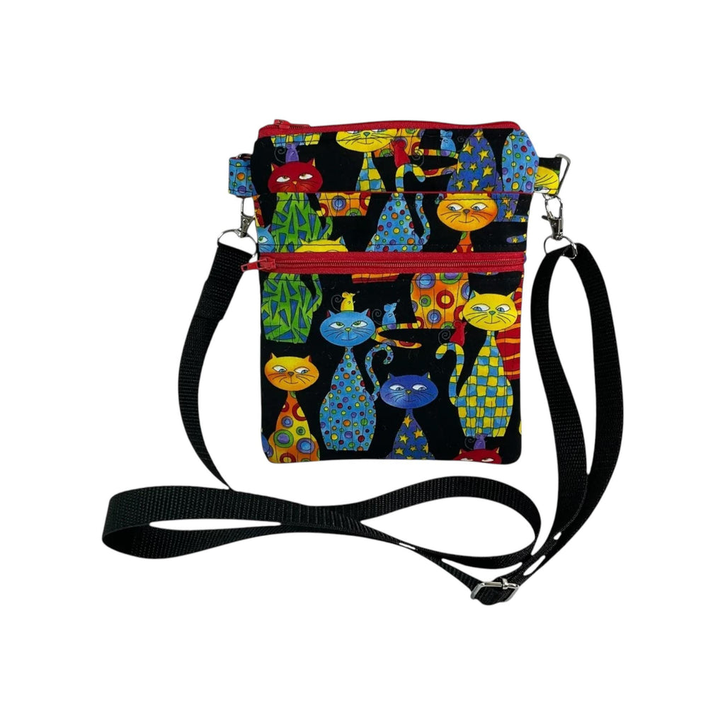 Slim phone shoulder bag with multi pockets and cat print, teen messenger phone pouch, mini clutch bag, clubbing festival bag, cat lover gift