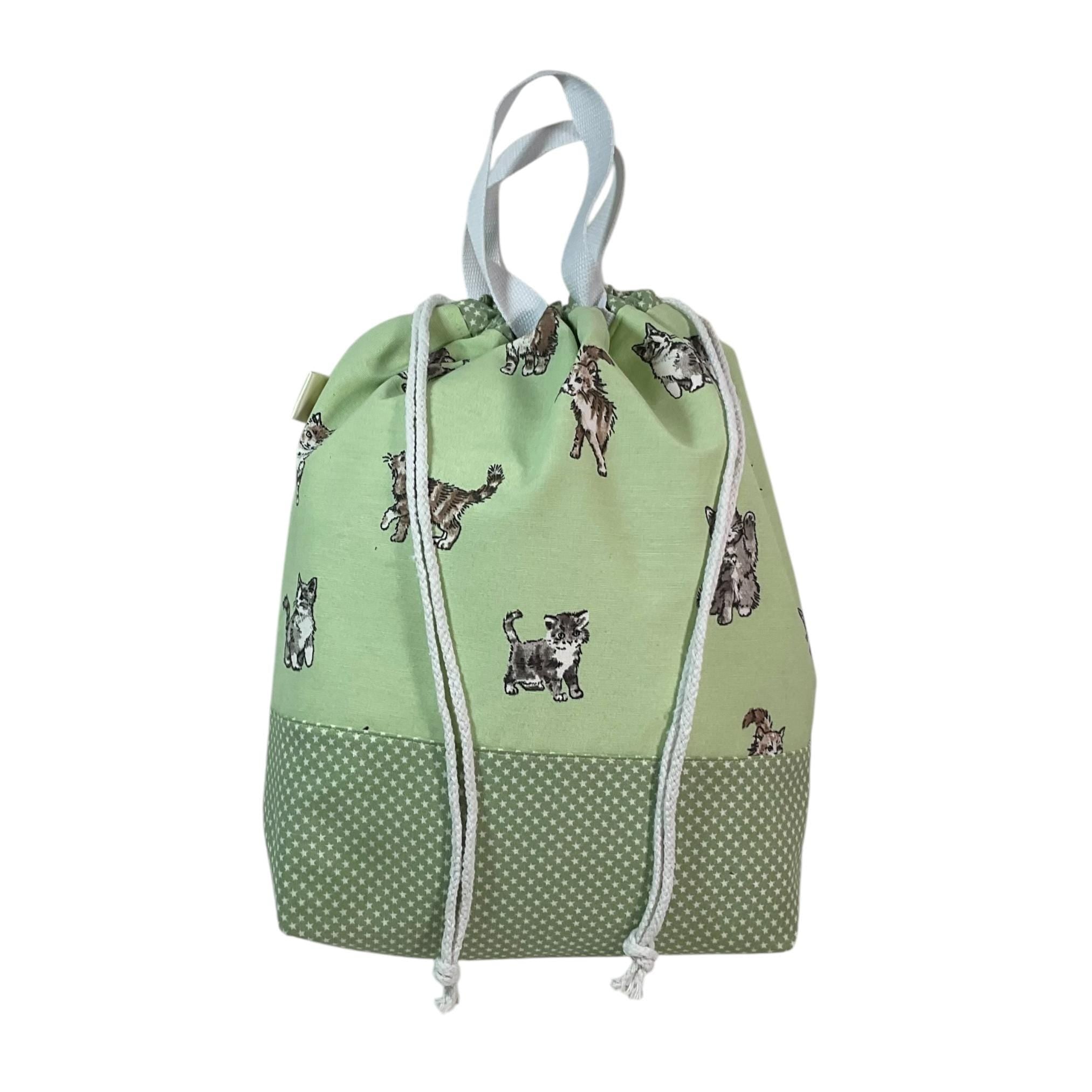 Extra Large drawstring knitting bag with cat print, multi pockets project bag with handles