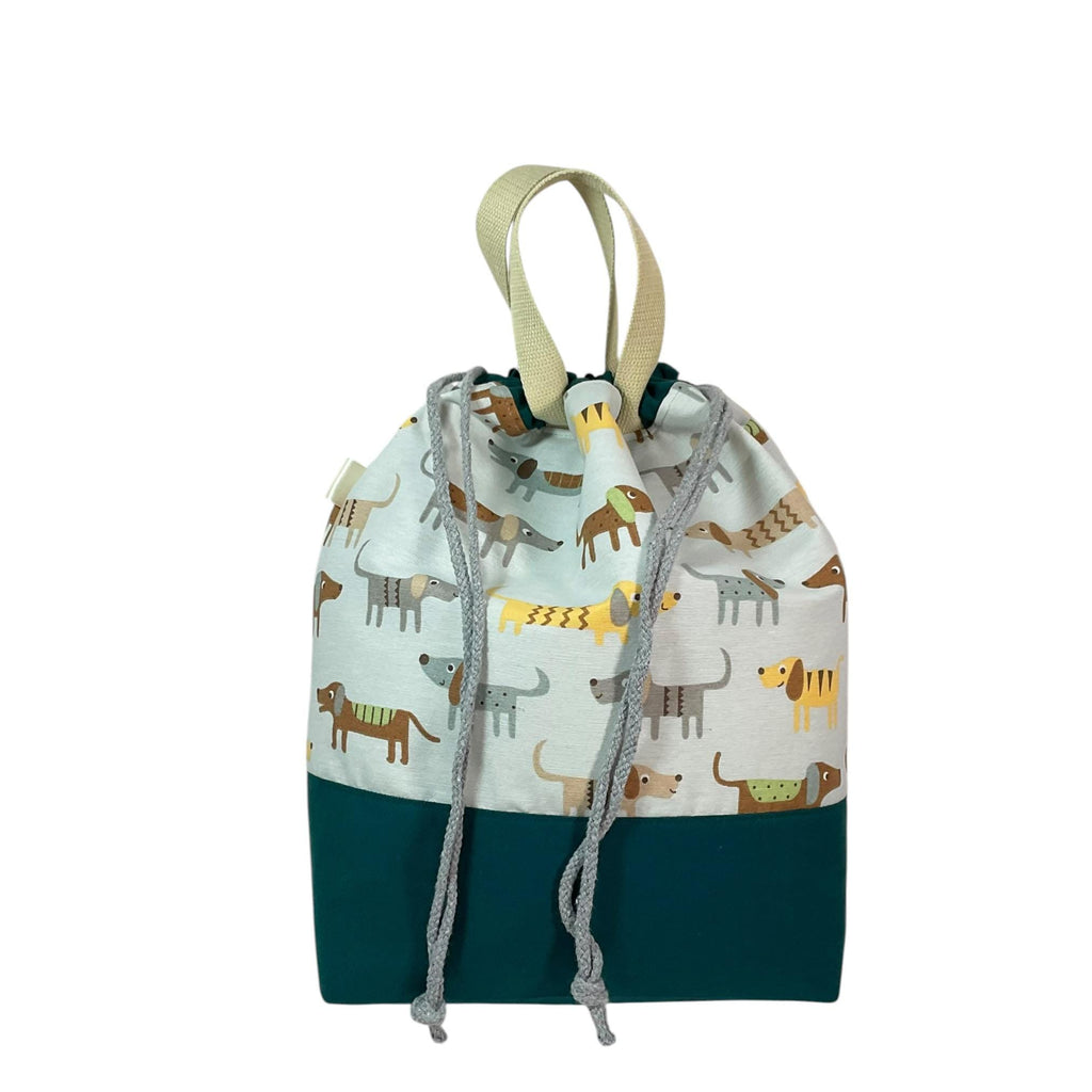 Extra Large canvas drawstring knitting bag with dog print, multi pockets project bag with handles, dog lover gift