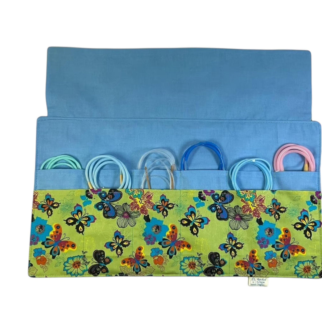 Circular needle case with butterflies, fixed circular wallet, sock needles pouch, knitting needle roll, knitters gift, needle holder,