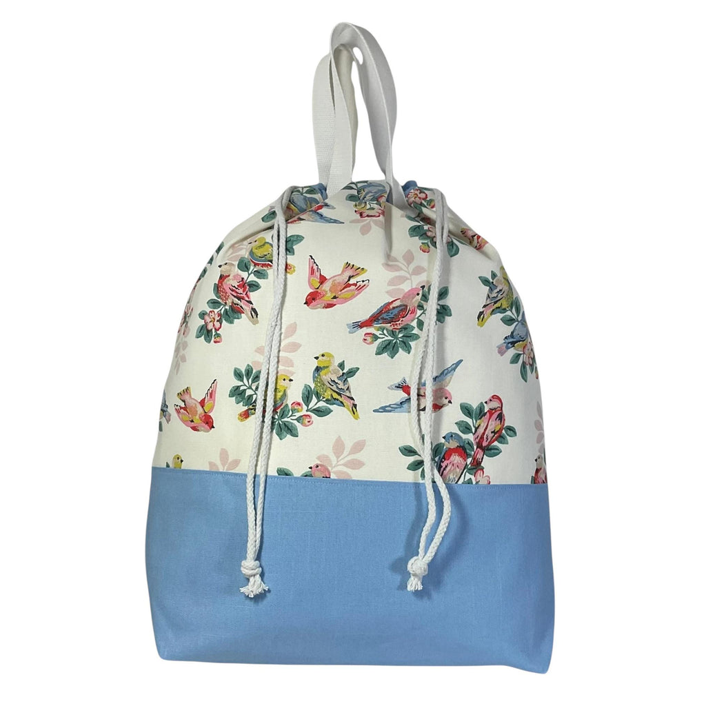 XXL  drawstring knitting bag with birds and  floral print, supersized multi pockets project bag with handles, ladies  gift