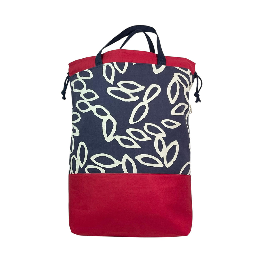 XXL  drawstring knitting bag with abstract print, supersized multi pockets project bag with handles, denim blue and red knitters gift