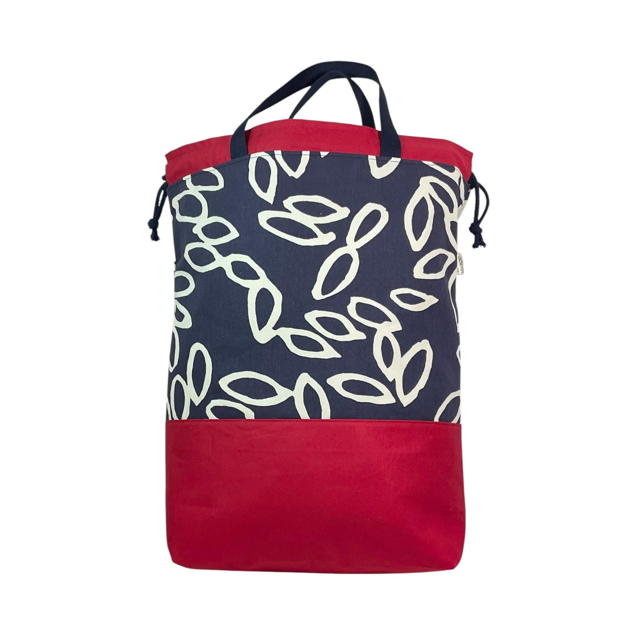 XXL  drawstring knitting bag with abstract print, supersized multi pockets project bag with handles, denim blue and red knitters gift