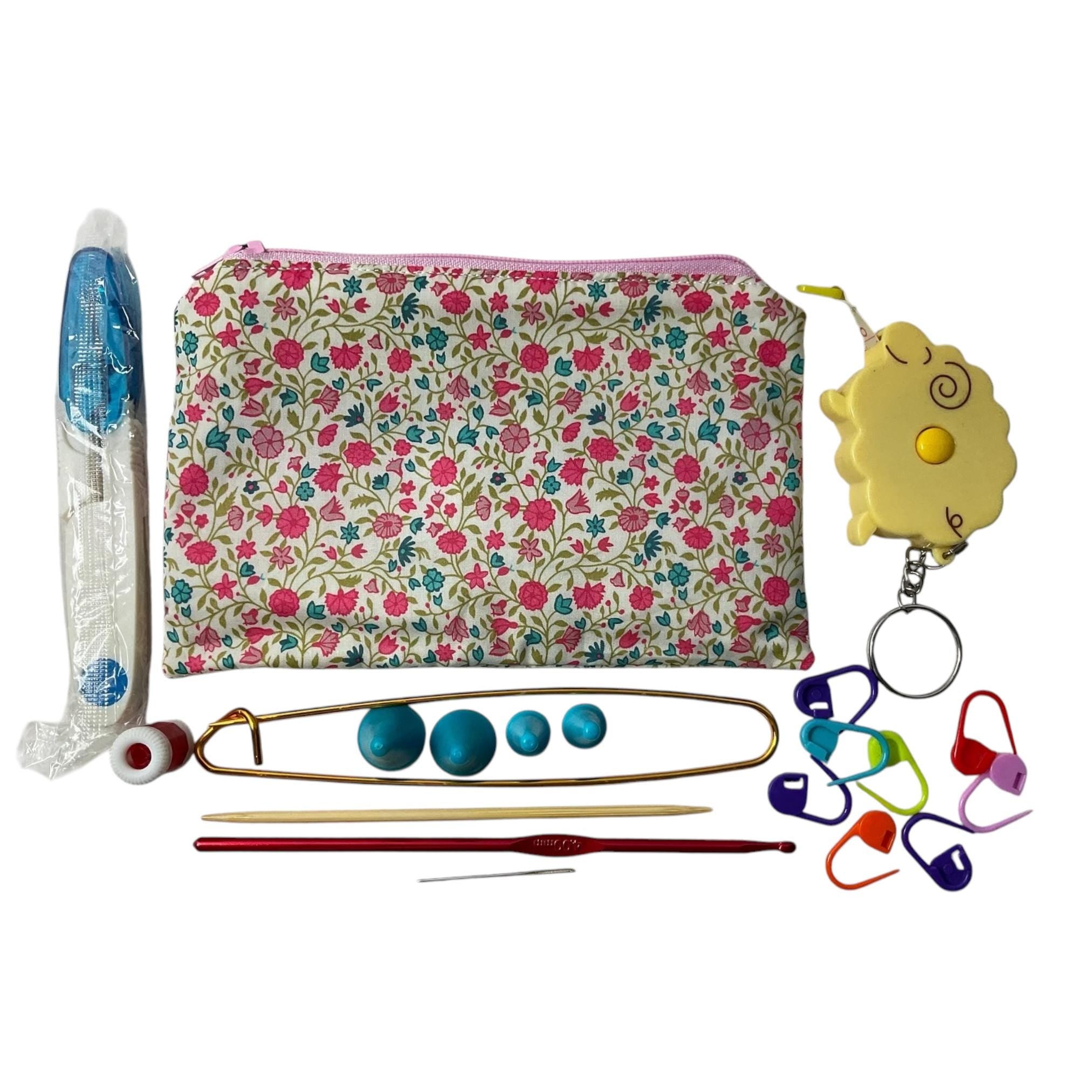 Notions kit for Knitters and crochet in liberty fabric and filled with craft tools, floral travel knitting kit, scissors, stitch holder
