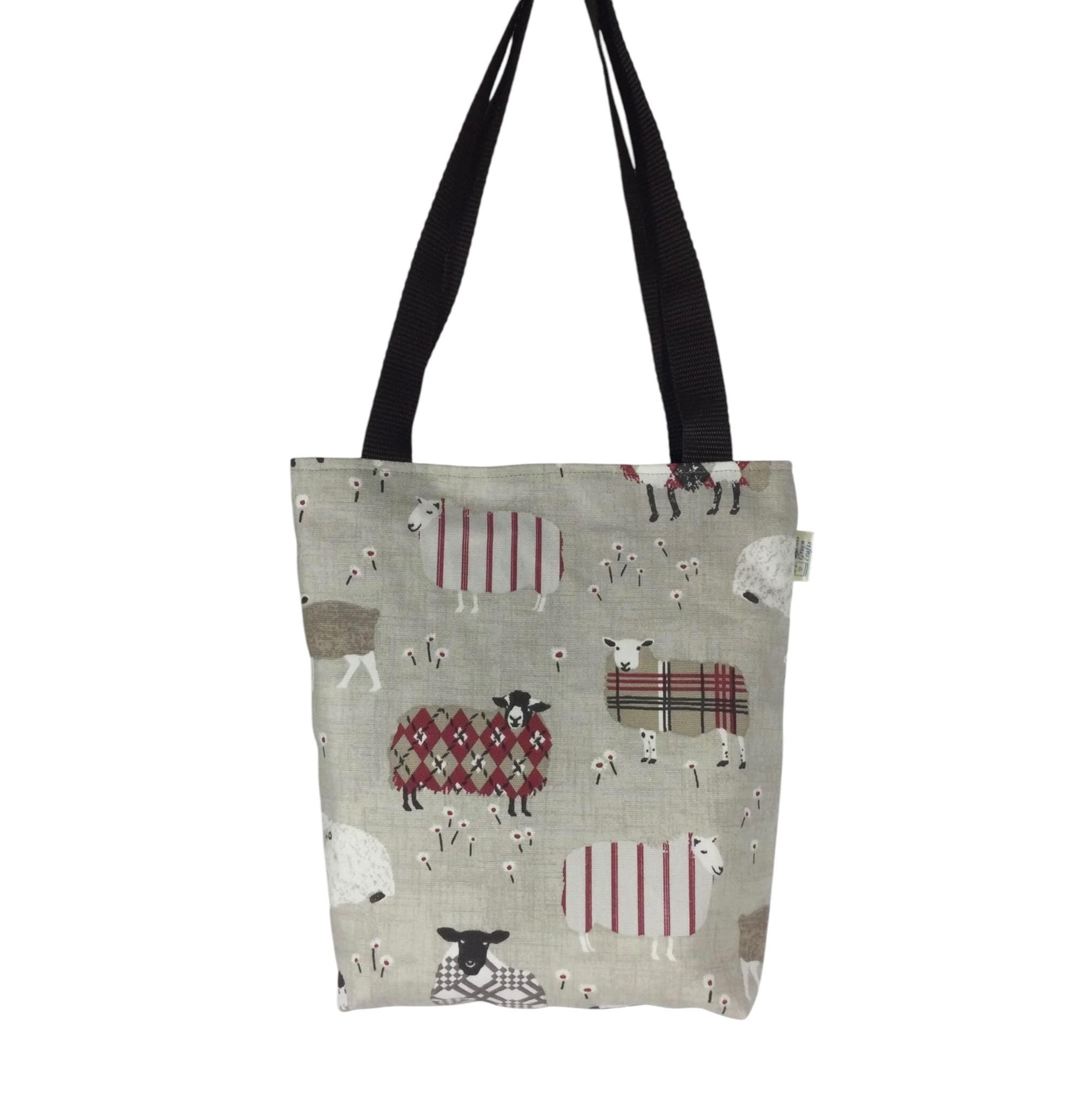 small sheep tote bag, mini lined canvas shopping bag, girls purse, book bag, knitters project gift