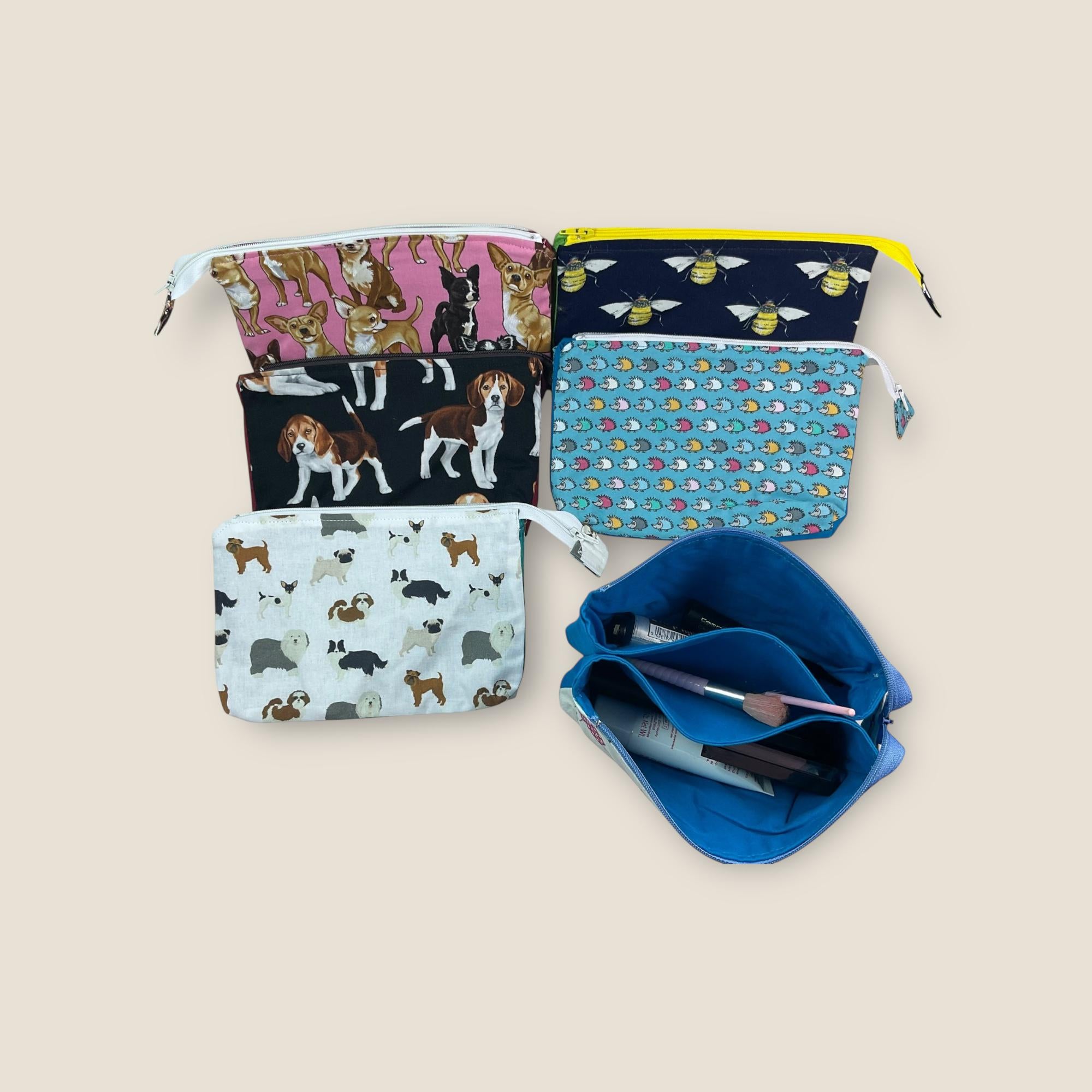 cosmetics bag with Dog, Bee, Hedgehog, Makeup Organizer Bag: 3-Section Zipper Pouch