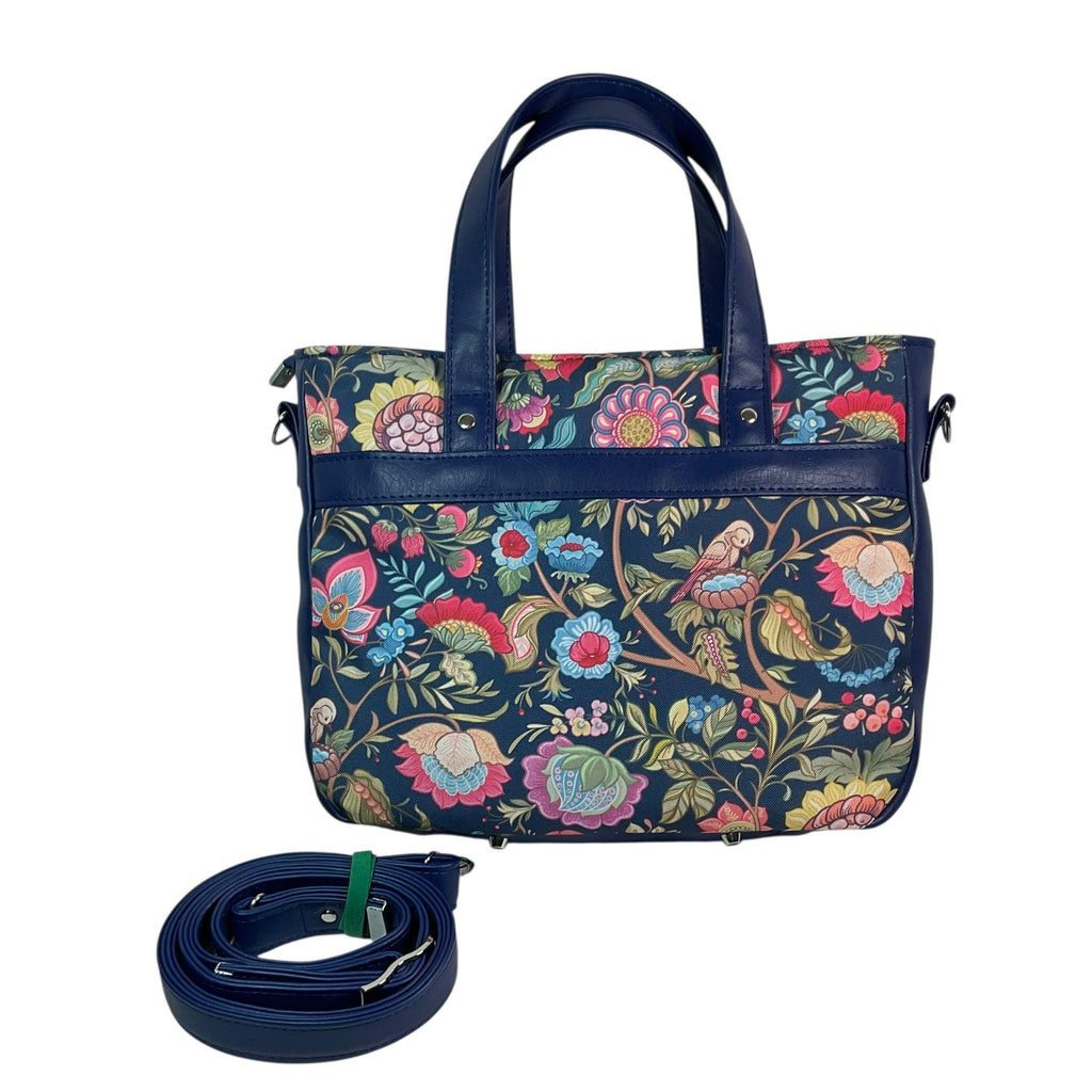 Crossbody Handbag with floral bird print, made in blue shade faux leather, unique large woodland shoulder tote, zip pocket,  ladies gift