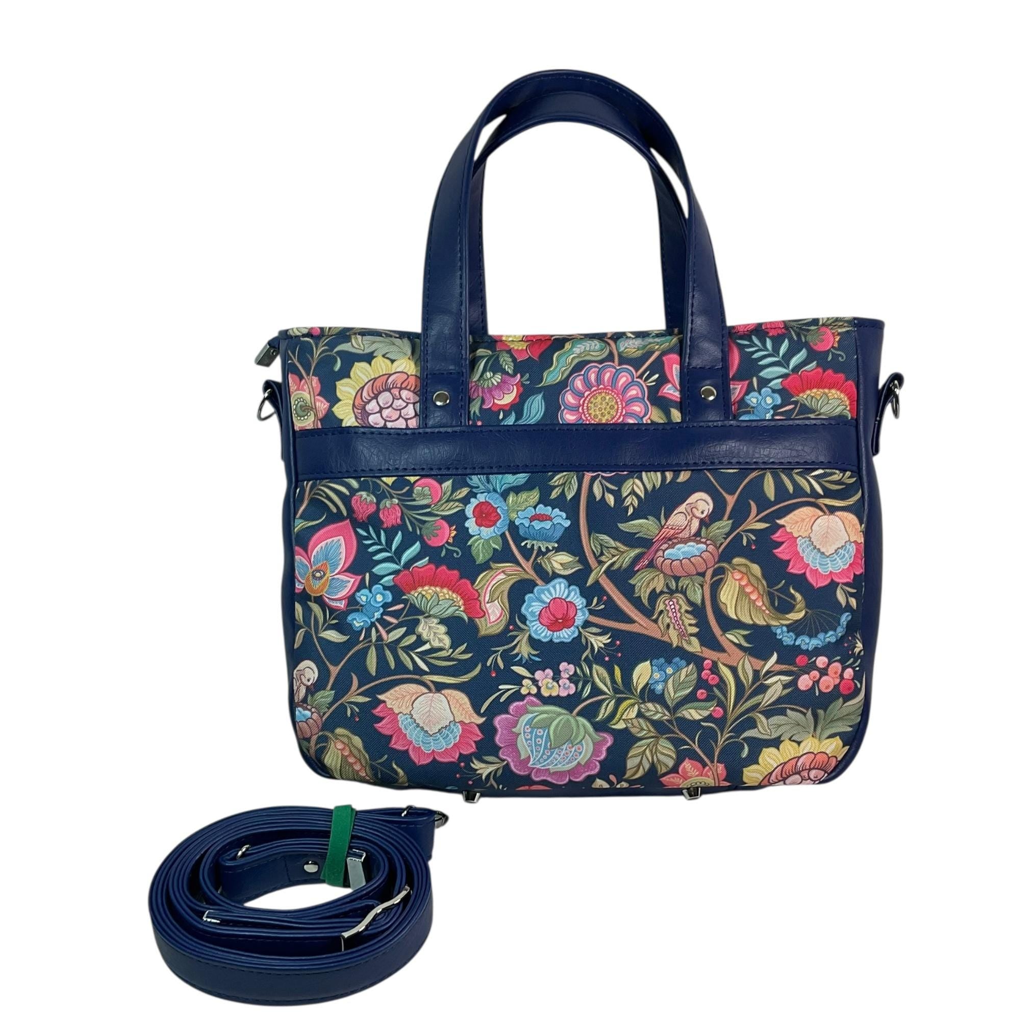 Crossbody Handbag with floral bird print, made in blue shade faux leather, unique large woodland shoulder tote, zip pocket,  ladies gift