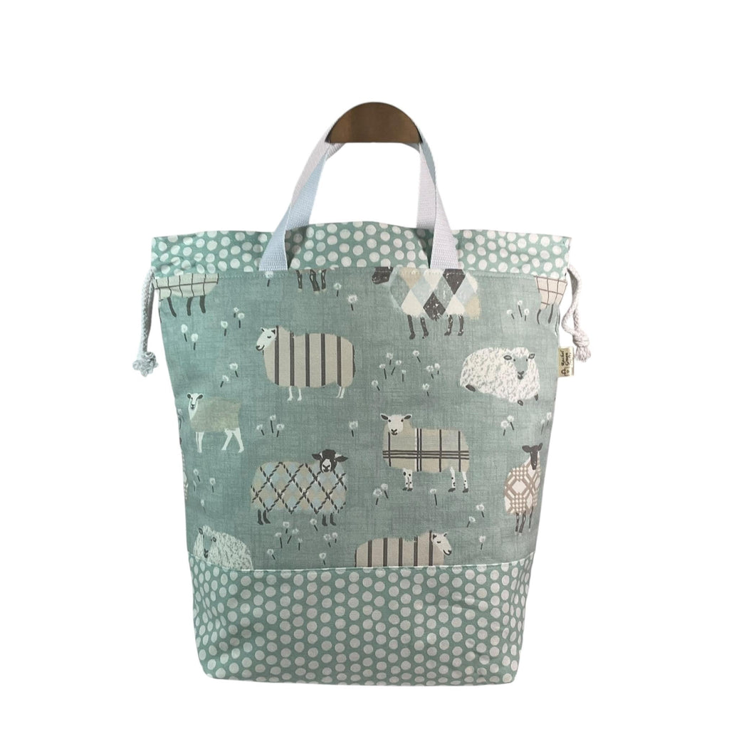 Extra Large drawstring knitting bag with blue sheep print, multi pockets project bag with handles