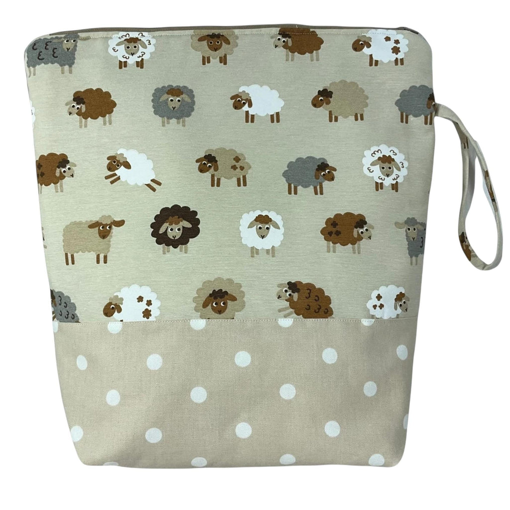 Extra Large Knitting Project Bag: Sheep Print, Zipped Tote