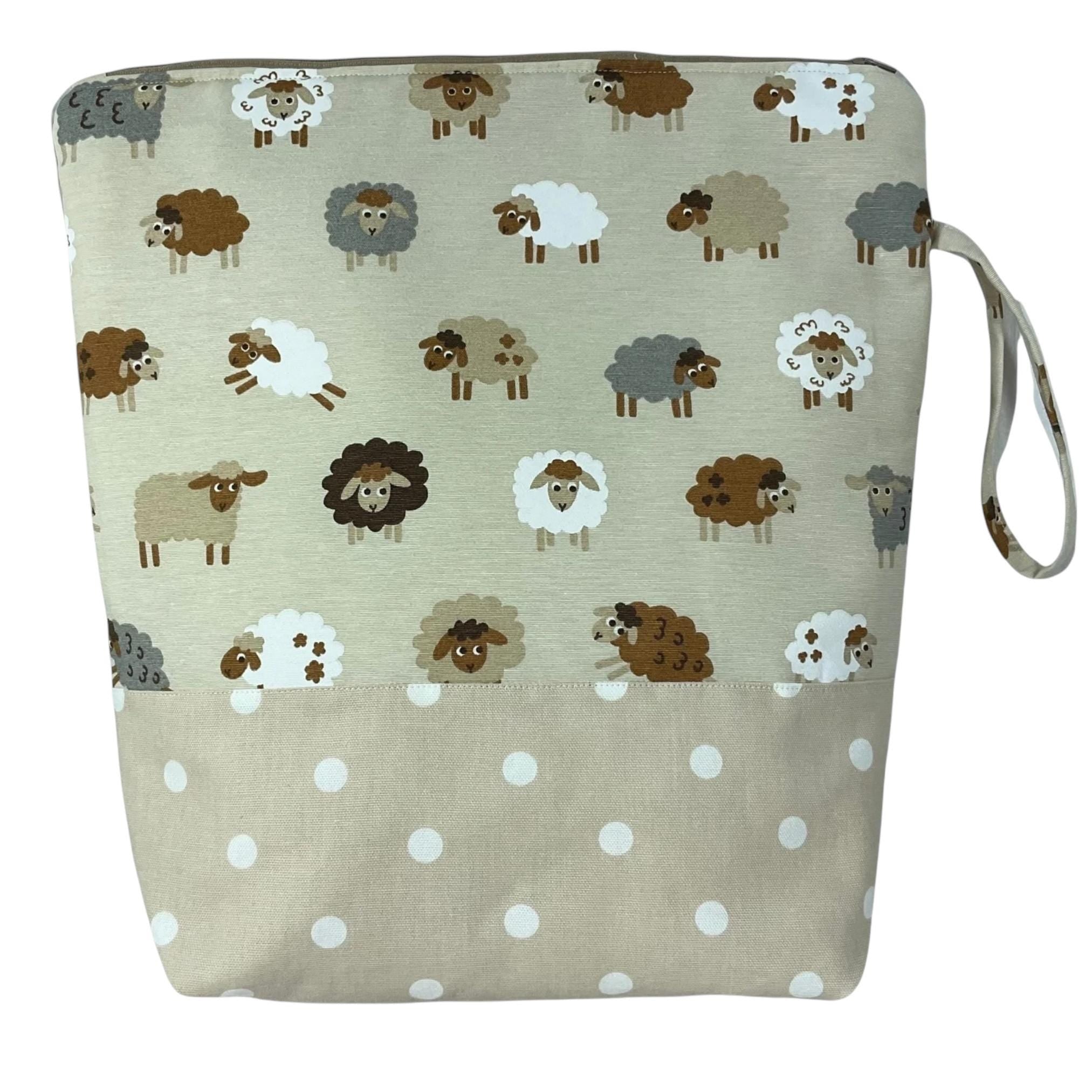 Extra Large Knitting Project Bag: Sheep Print, Zipped Tote