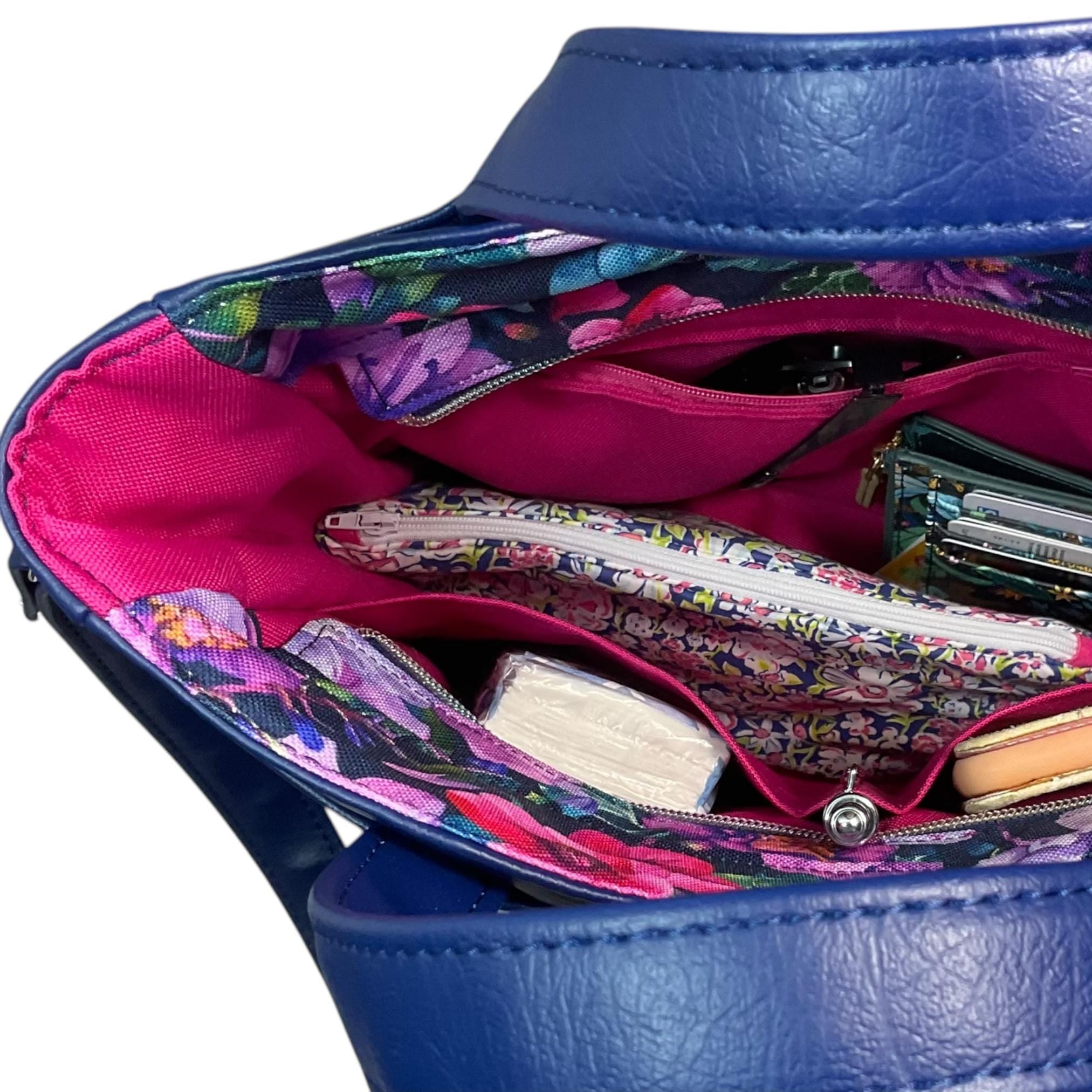 Handbag in faux leather and purple  floral print, vegan ladies gift, handles and crossbody strap bag, rectangular shoulder zip tote