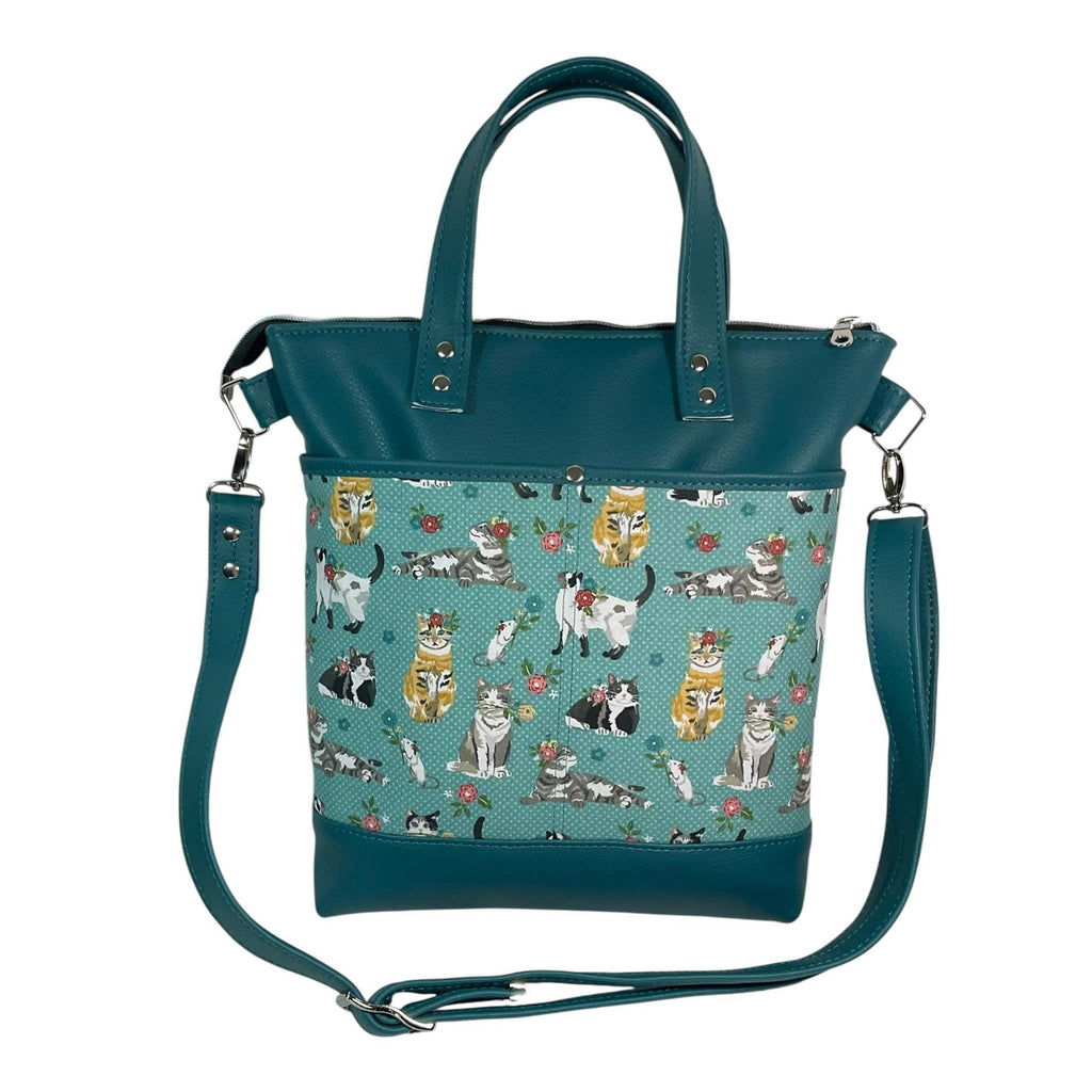Handbag in faux Leather and cat breeds print  fabric, medium tote style zip top shoulder crossbody with carry handles