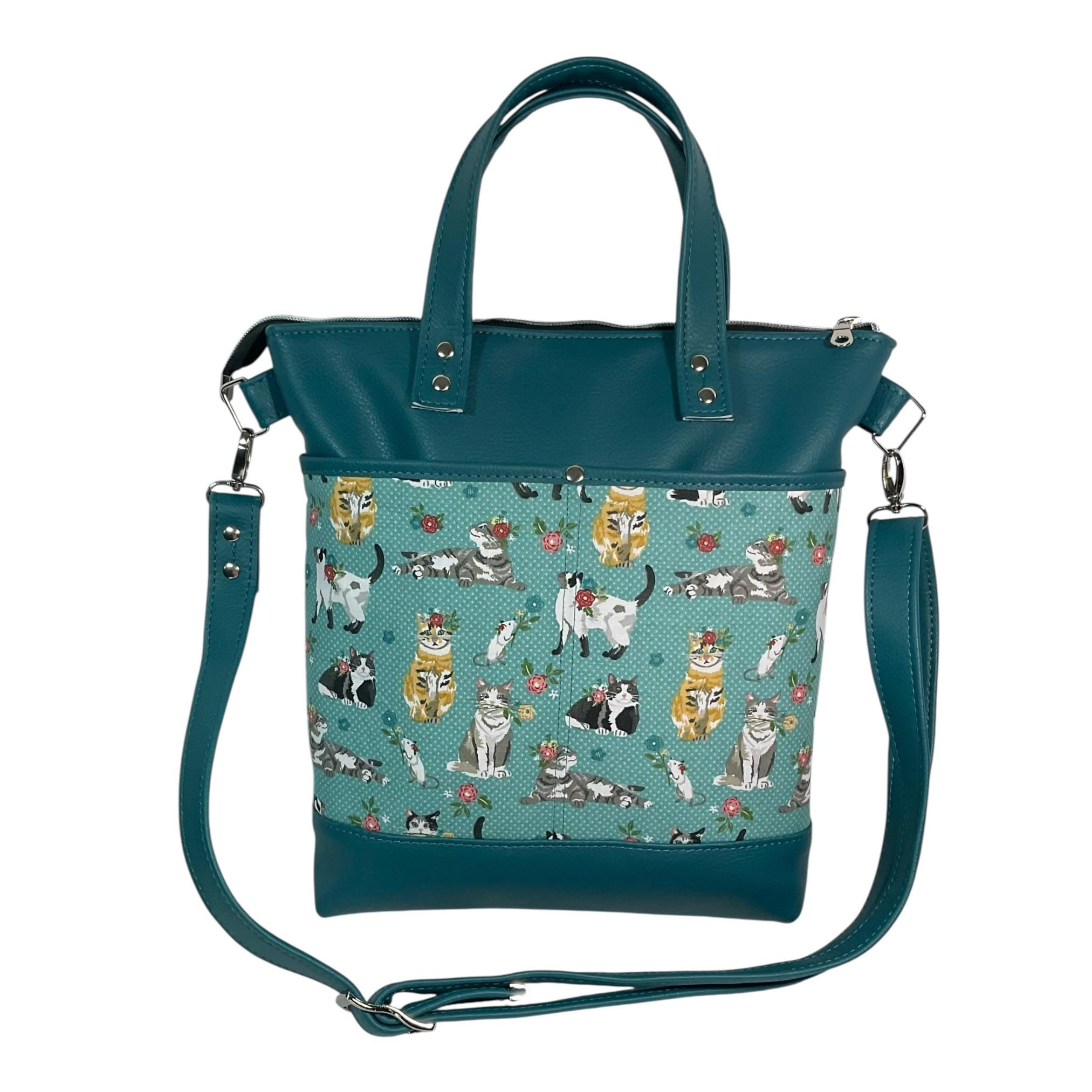 Handbag in faux Leather and cat breeds print  fabric, medium tote style zip top shoulder crossbody with carry handles