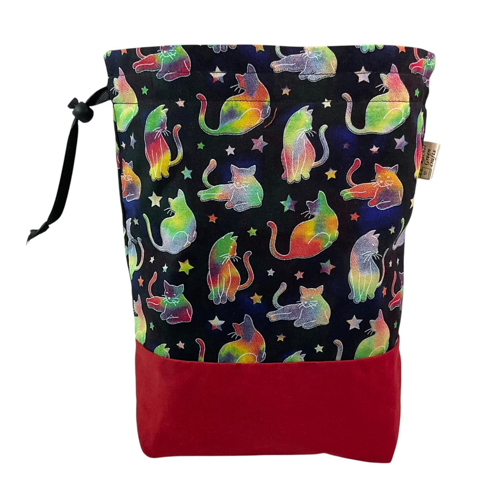 Knitting and crochet bag, Two at a time project bag with foxes print, drawstring divided sock sack, yarn work in progress pouch, craft gift