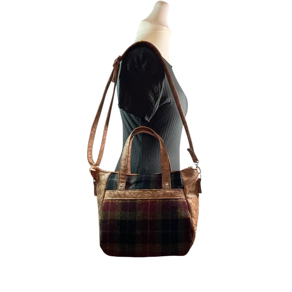 Harris tweed Crossbody Handbag, floral faux leather tote, caramel brown shoulder bag,  zip pocket large adjustable strap organiser bag