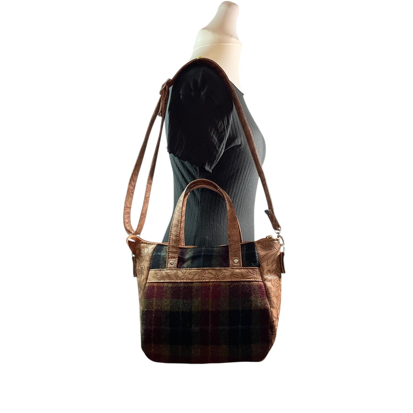 Harris tweed Crossbody Handbag with floral faux leather