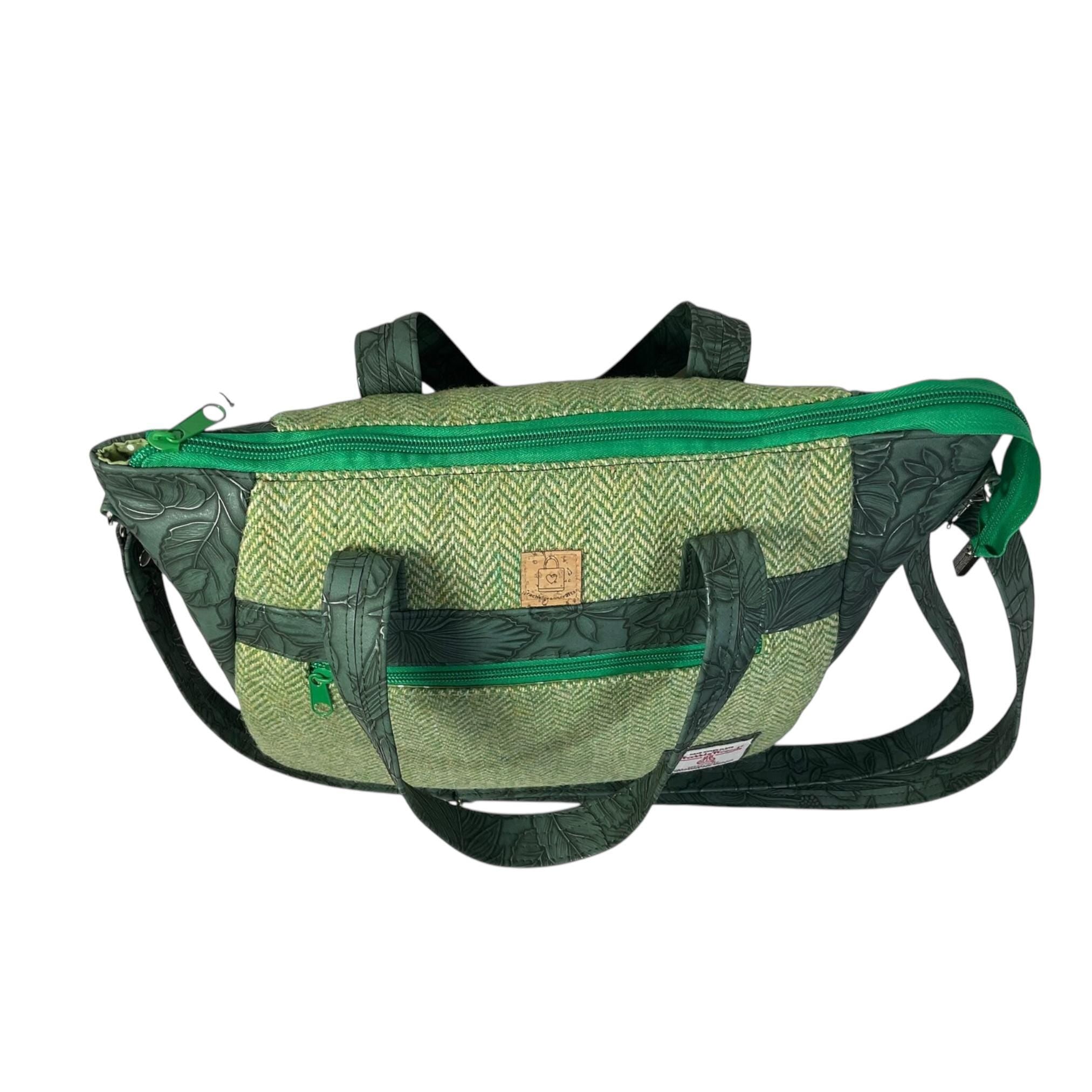 Harris tweed Crossbody Handbag,green floral faux leather tote, floral shoulder bag, zip pocket large adjustable strap organiser bag